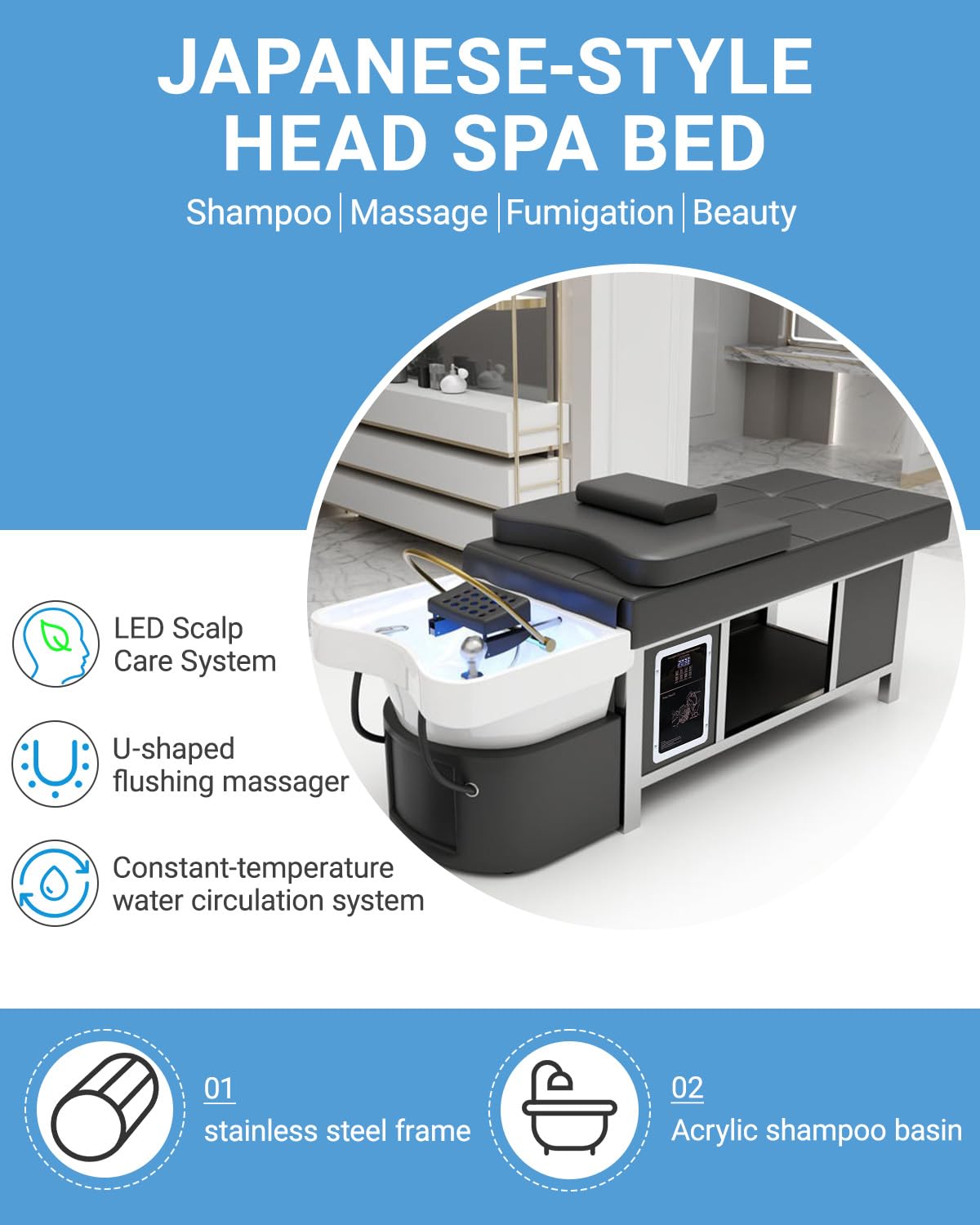 Lettino Professionale per Spa Del Cuoio Capelluto, Tavolo per Shampoo Giapponese con Vaporizzatore E Sistema Di Circolazione Dell'Acqua, Stazione per Massaggi E Cura Del Cuoio Capelluto per