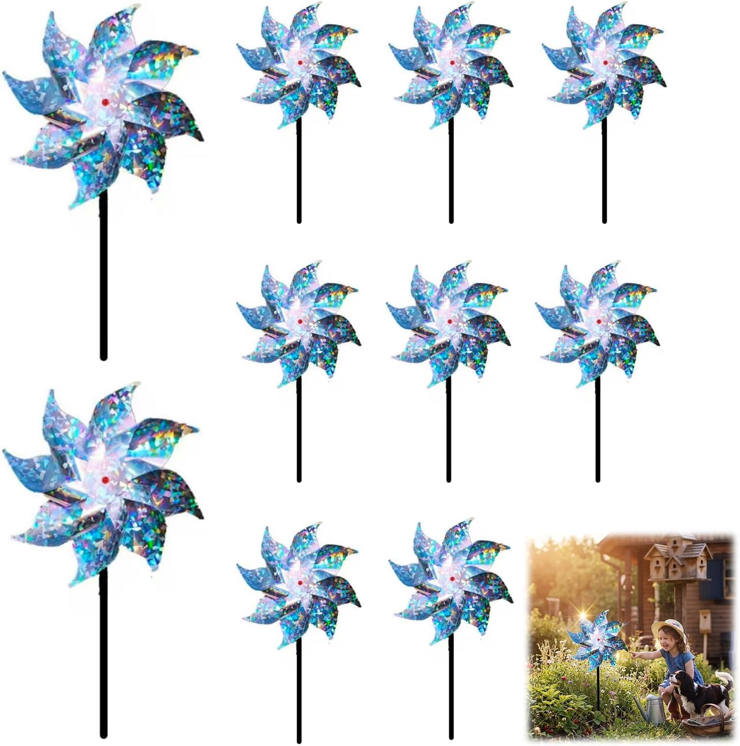 10 Pack Multi-Colour Reflective Pinwheel Bird Scarers, UV & Weather Resistant Polyester Wind Spinners, Outdoor Garden Windmill Devices to Deter Pigeons & Wild Birds （Silver）