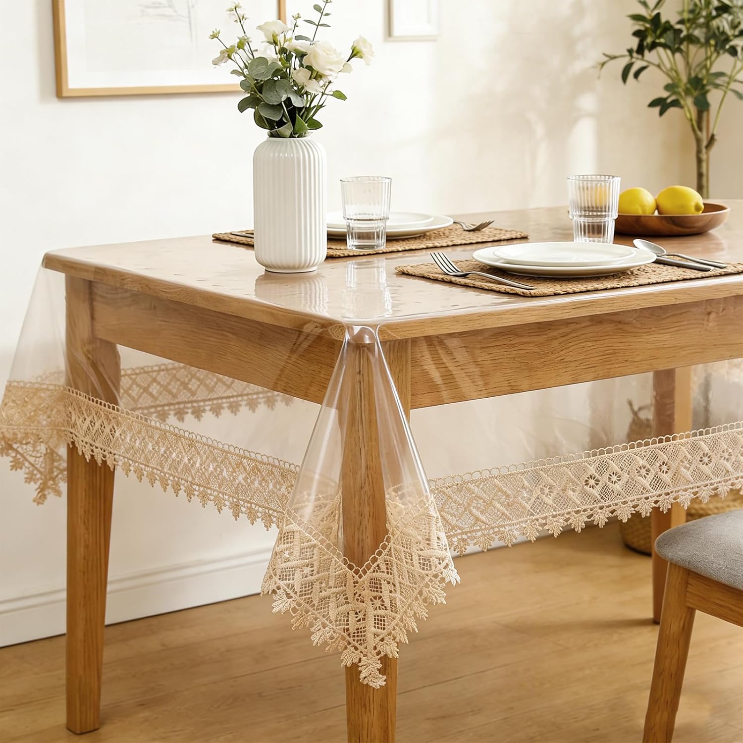 Clear Plastic Table Cover Protector Vinyl Clear Table Protector 55" x 120",10-12 Seats Waterproof Oil Proof Rectangle Table Cloth Protector for Dining Table Parties Crystal Clear Lace Tablecloth