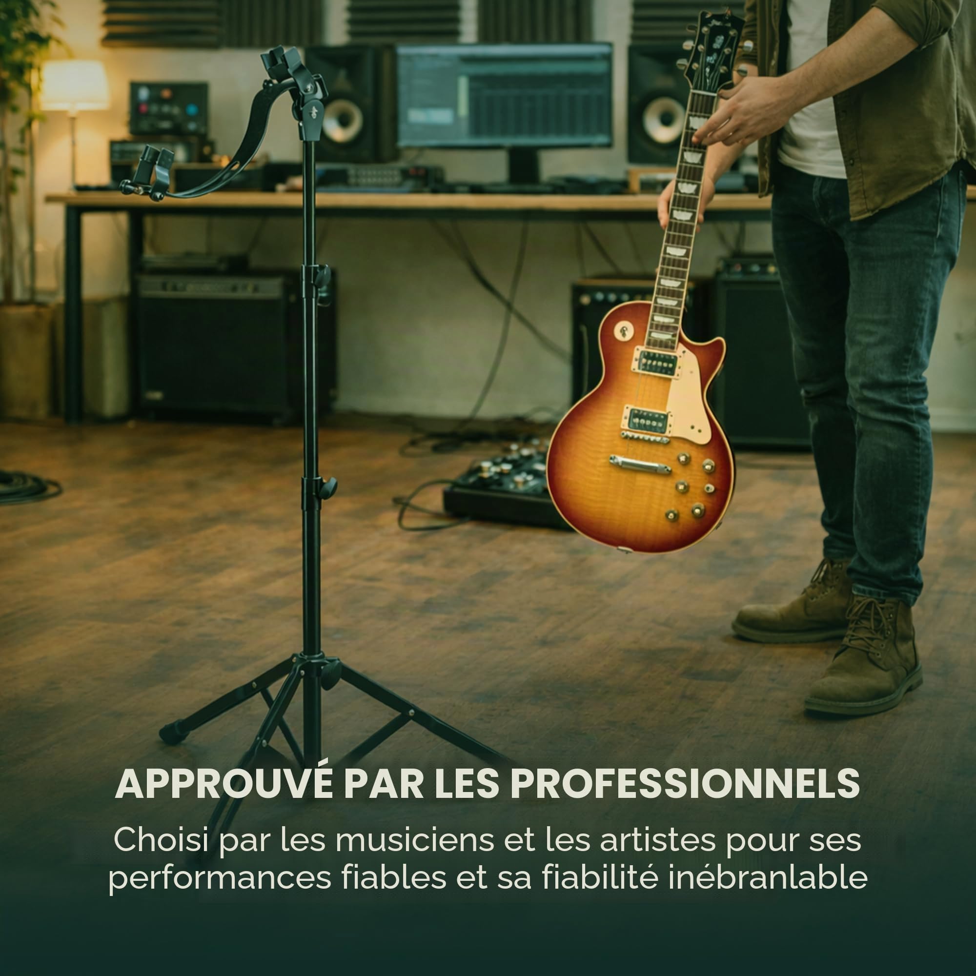 K&M 14760 Support de guitare électrique noir - Pour épaisseur de caisse de 3,9 à 6 cm facilement réglable - Revêtement en feutre