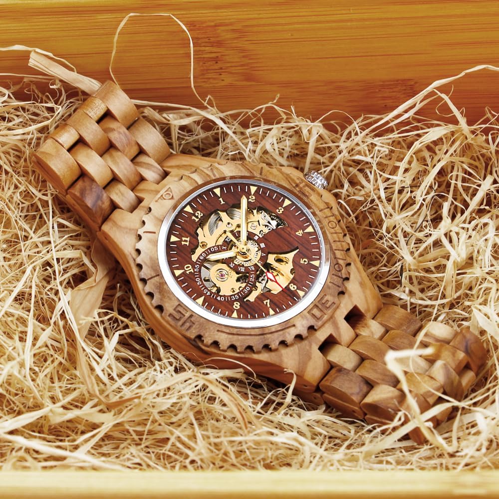 Tiong Orologi meccanici in legno da uomo scheletro numeri romani carica automatica Orologio in legno leggero per uomini Orologio da polso, Fbm-mw1090-marrone rosso, Gotico