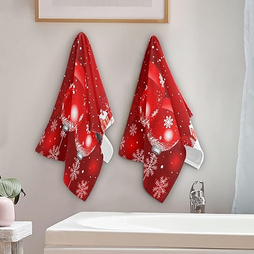 Miniatura 4 de ALAZA Juego de 2 toallas de baño de mano con diseño de copos de nieve y bolas rojas de Feliz Navidad, toallas de baño de algodón suaves y