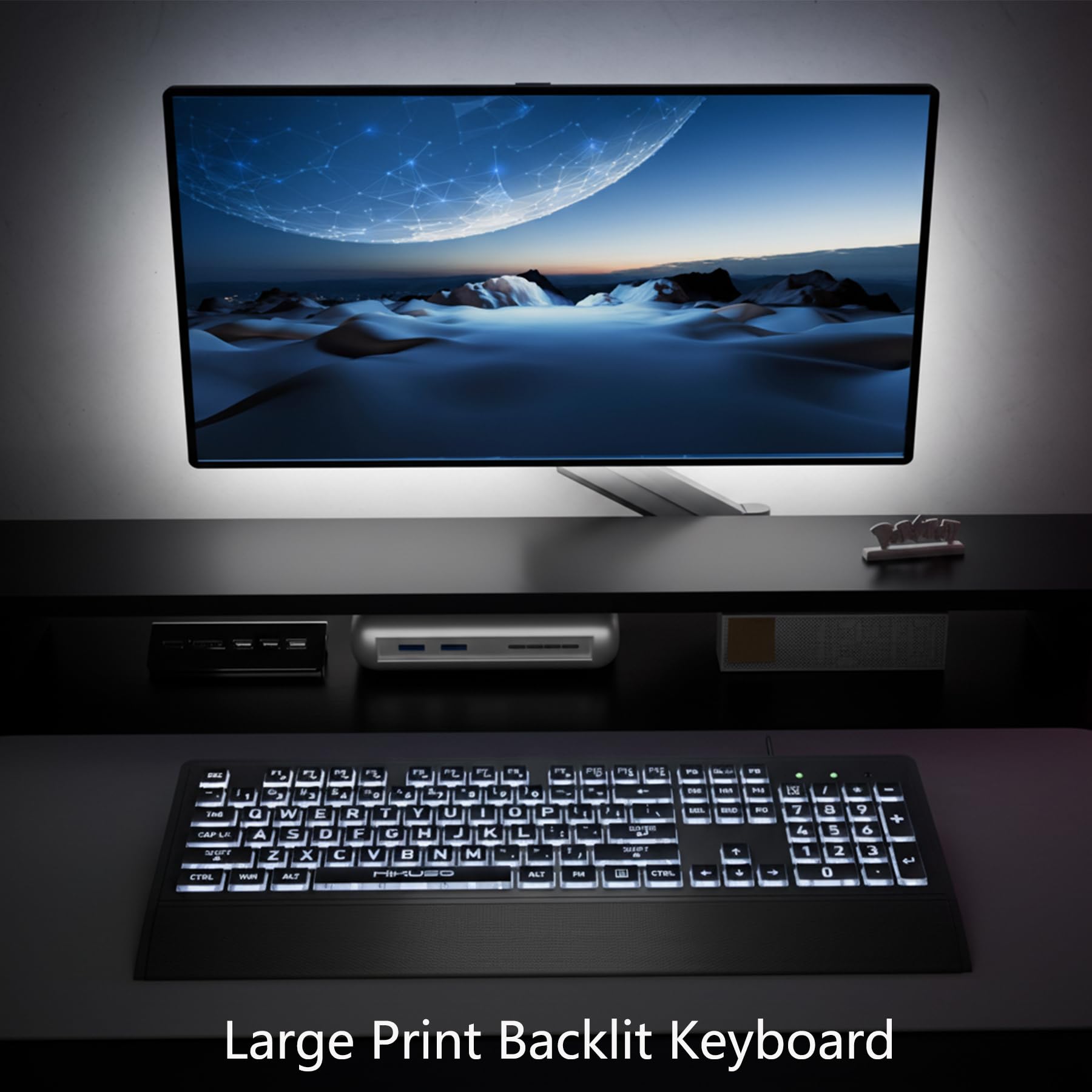 Großgedruckte Tastatur mit Hintergrundbeleuchtung für Senioren, Sehbehinderte, kontrastreiche schwarze Tasten, weiße LED mit Abdeckung, kabelgebunden, USB 104 in voller Größe, leicht zu lesende große