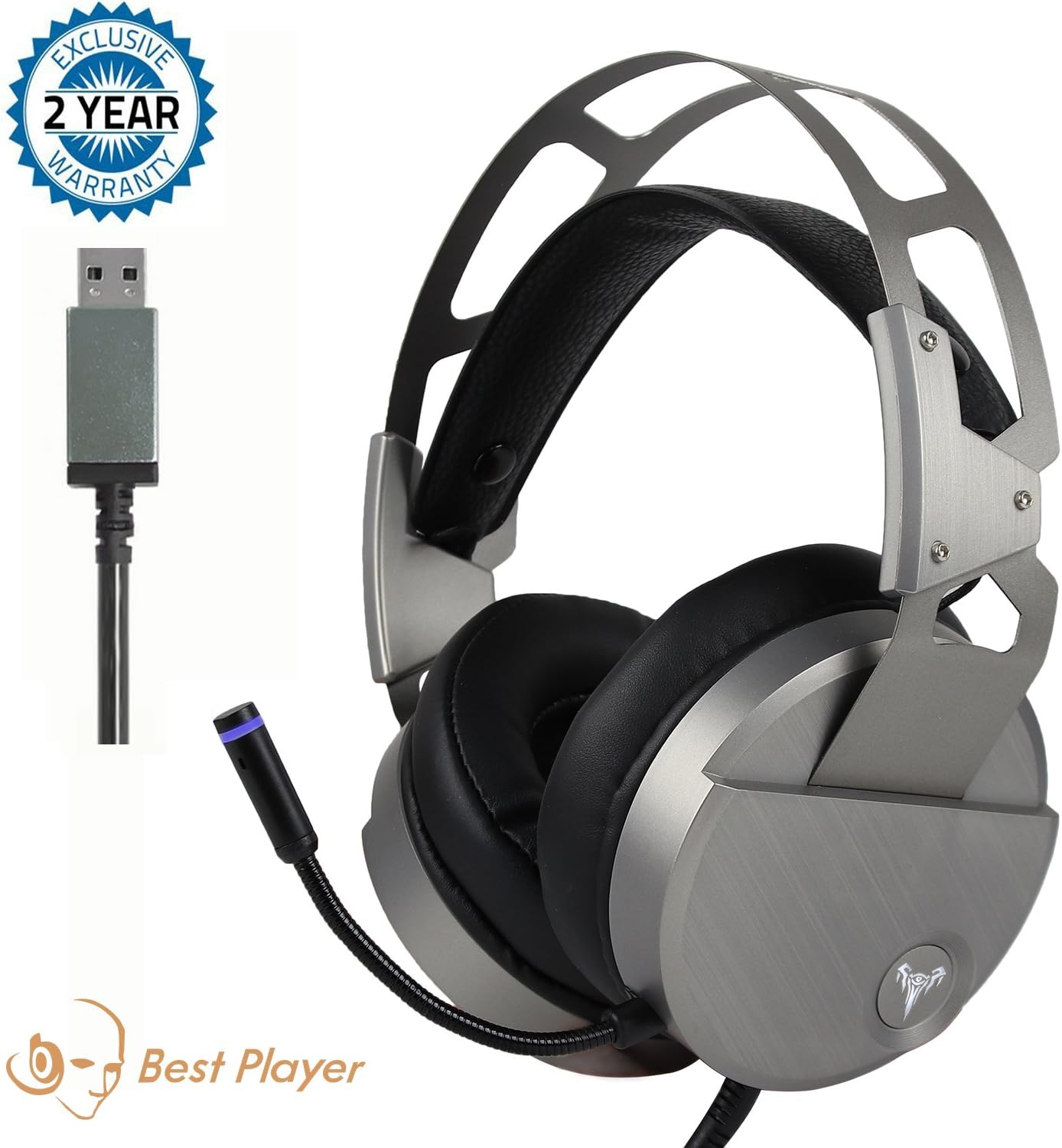 Stereo Gaming Headset for PC Mac Laptop Tablet, Bass Over-Ear Wired Computer Headphones with Mic, LED Lights and Volume Control,Crystal Clear Sound, Noise-canceling, Silver