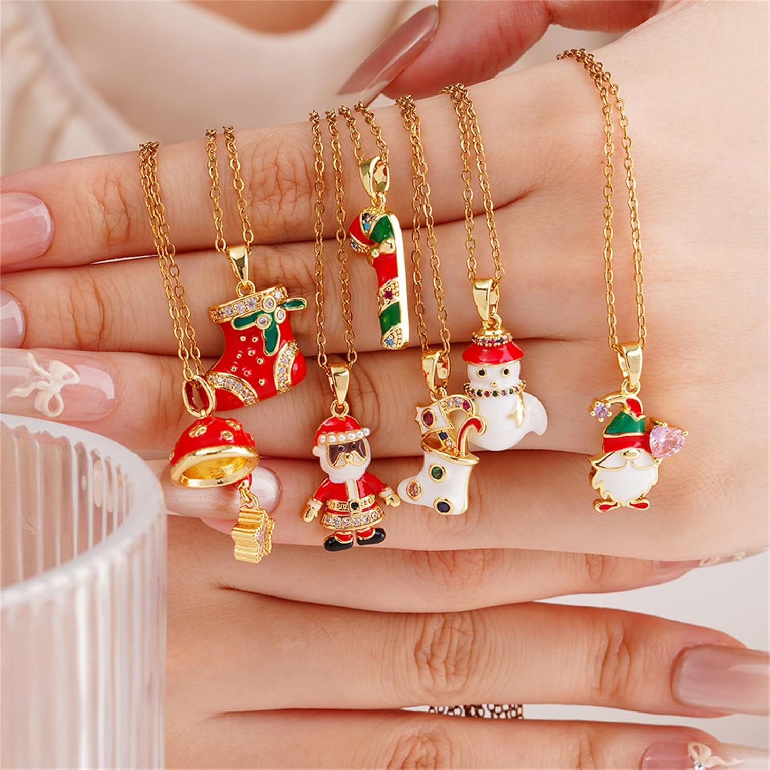 Christmas Necklace for Women,Cute Christmas Pearl Hat Necklaces Red Crystal Christmas Tree Gift Box Pendant Necklace New Year's Birthday Christmas Jewelry - Image 2