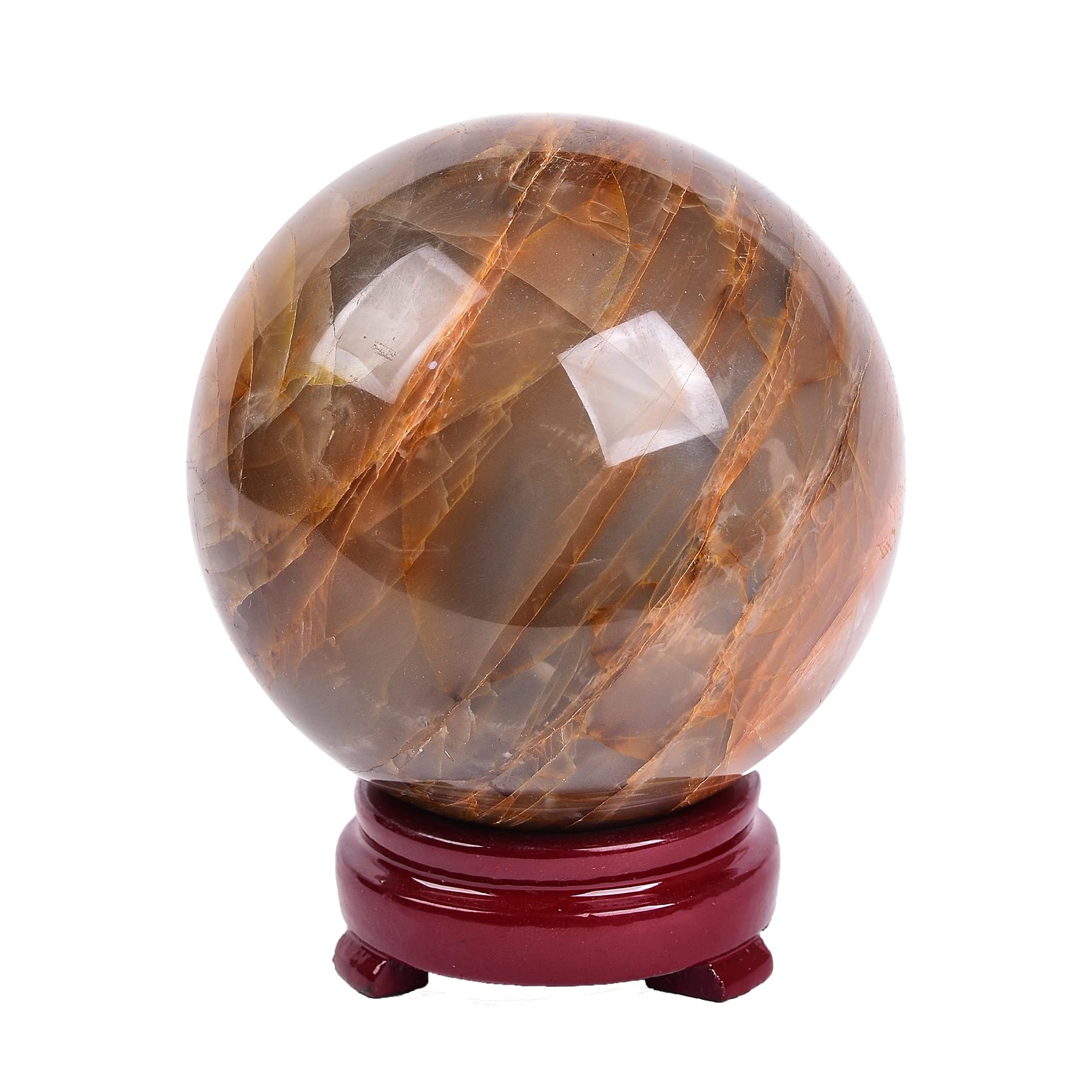 AMOYSTONE Large Crystal Ball Natural Orange Moonstone Healing Crystals Ball Polished Stone Divination Ball 81-90mm Decorative Ball with Wood Stand Crystal Sphere