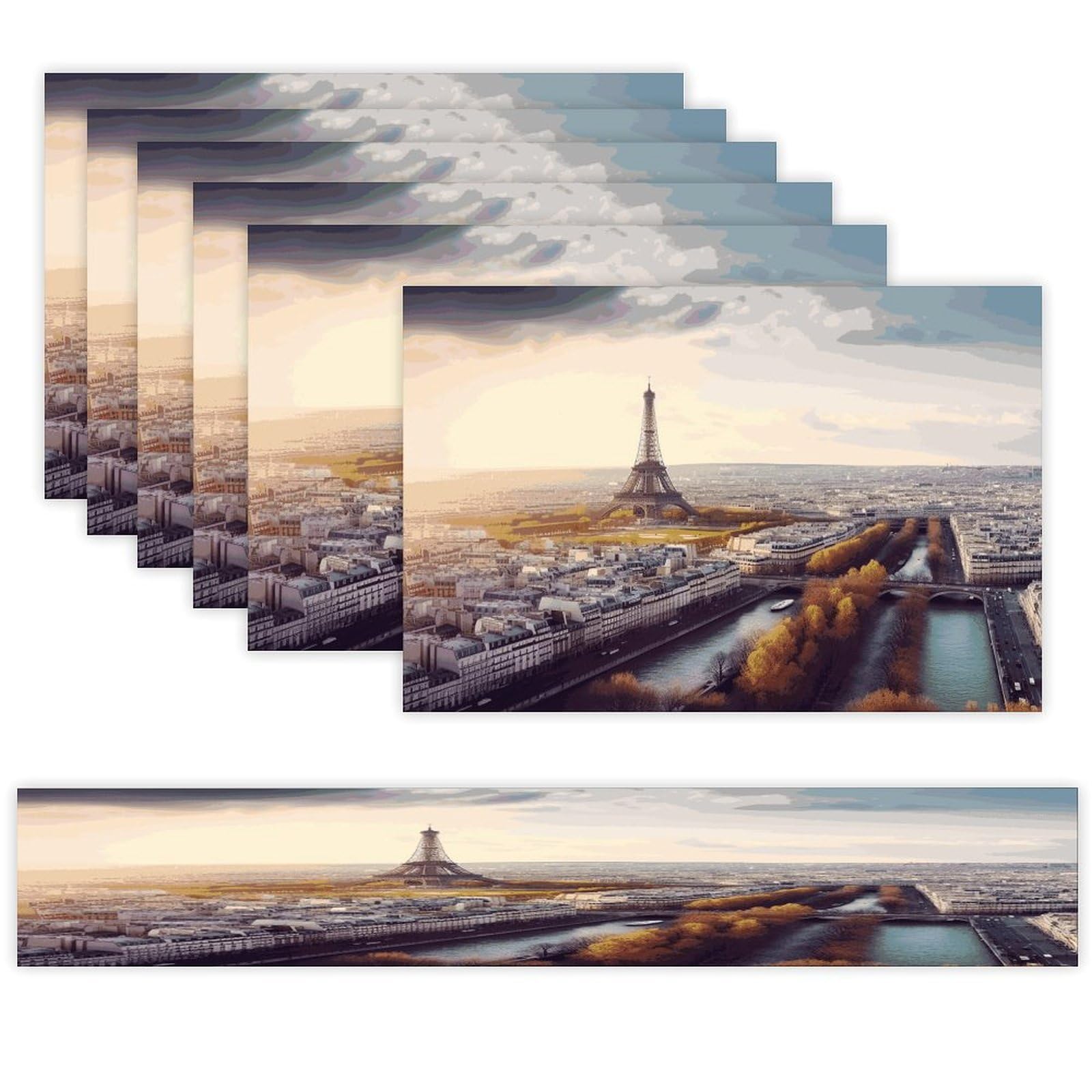 Aerial View of Paris Cityscape Table Runner and Placemats Set of 6 Wipe Clean Heat Resistant Table Mat with Table Runner Decorations Flax Linen Place Mat Set for Home Kitchen Party Supplies