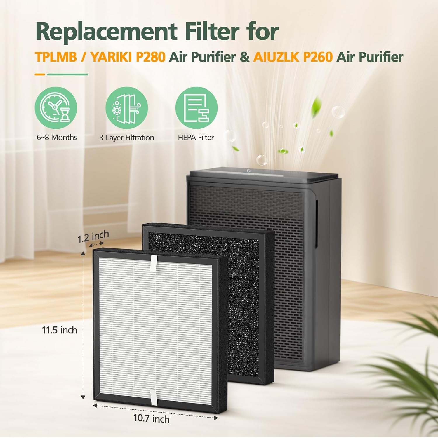 P280 P260 Filter Replacement, for TPLMB/YARIKI P280 Air Purifier, for AIUZLK P260 Air Purifier, 3-Stage Filtration (2 Pack) - Image 2