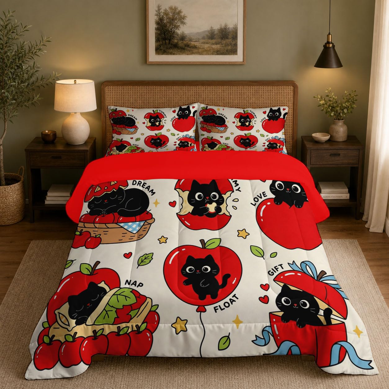 Copriletto Trapuntato Per Bambini Con Gattino Carino Con La Mela | Trapunta Singolo Invernale, Rosso, Piumone Caldo Morbido Divertente Tema Sugli Animali Per Decorazione Camera Da Letto