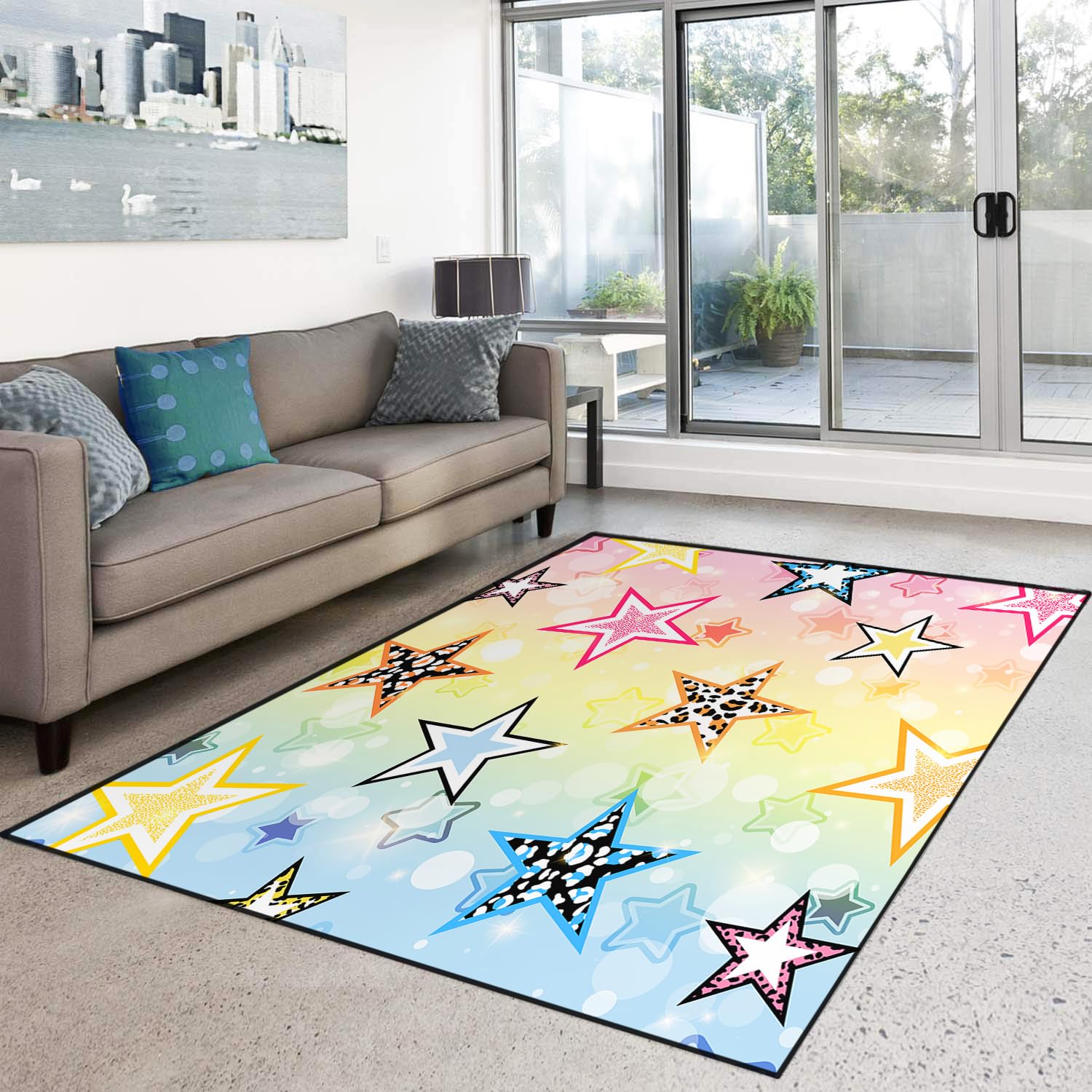 HOSIMA Teppich, Weiche Bodenmatte, Regenbogen-Stern-Druck, Rutschfeste Schlafzimmer Matte, Kurzflor Flauschige Matte, Waschbar, 150x200 cm, Stern