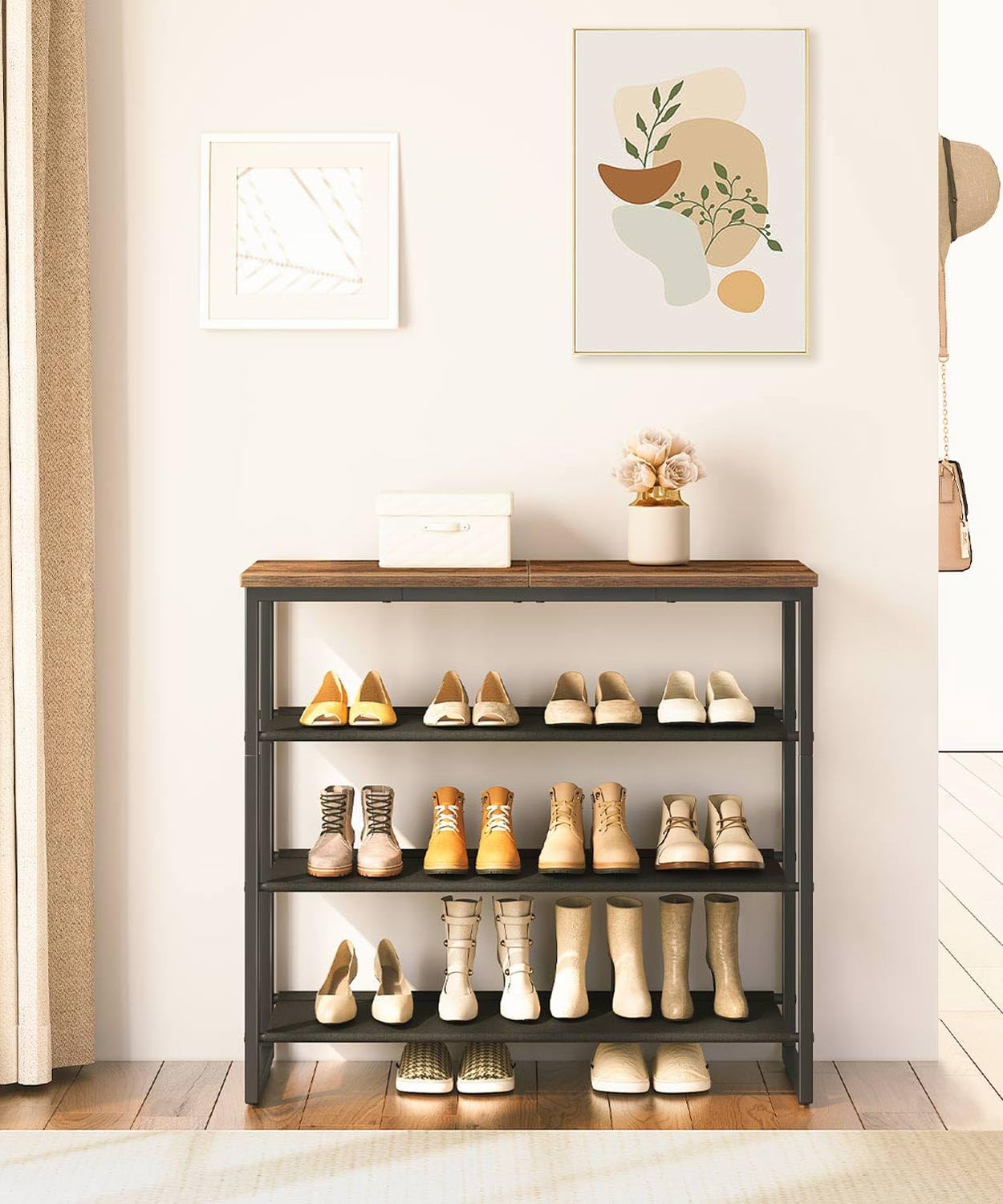 HOOBRO Schuhregal, 4-stufige Schuhablage, Schuhschrank mit 3 Oxford-Stoffebenen und 1 Paneelebene, für 12–16 Paar, für Eingangsbereich, Flur, industrieller Stil, Rustikales Braun EBF47XJ01G1