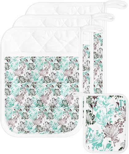 Miniatura 44 de Juego de 4 agarraderas de tela de rizo antideslizantes y aislantes de calor con bolsillo, guantes gruesos para horno, posavasos para hornear