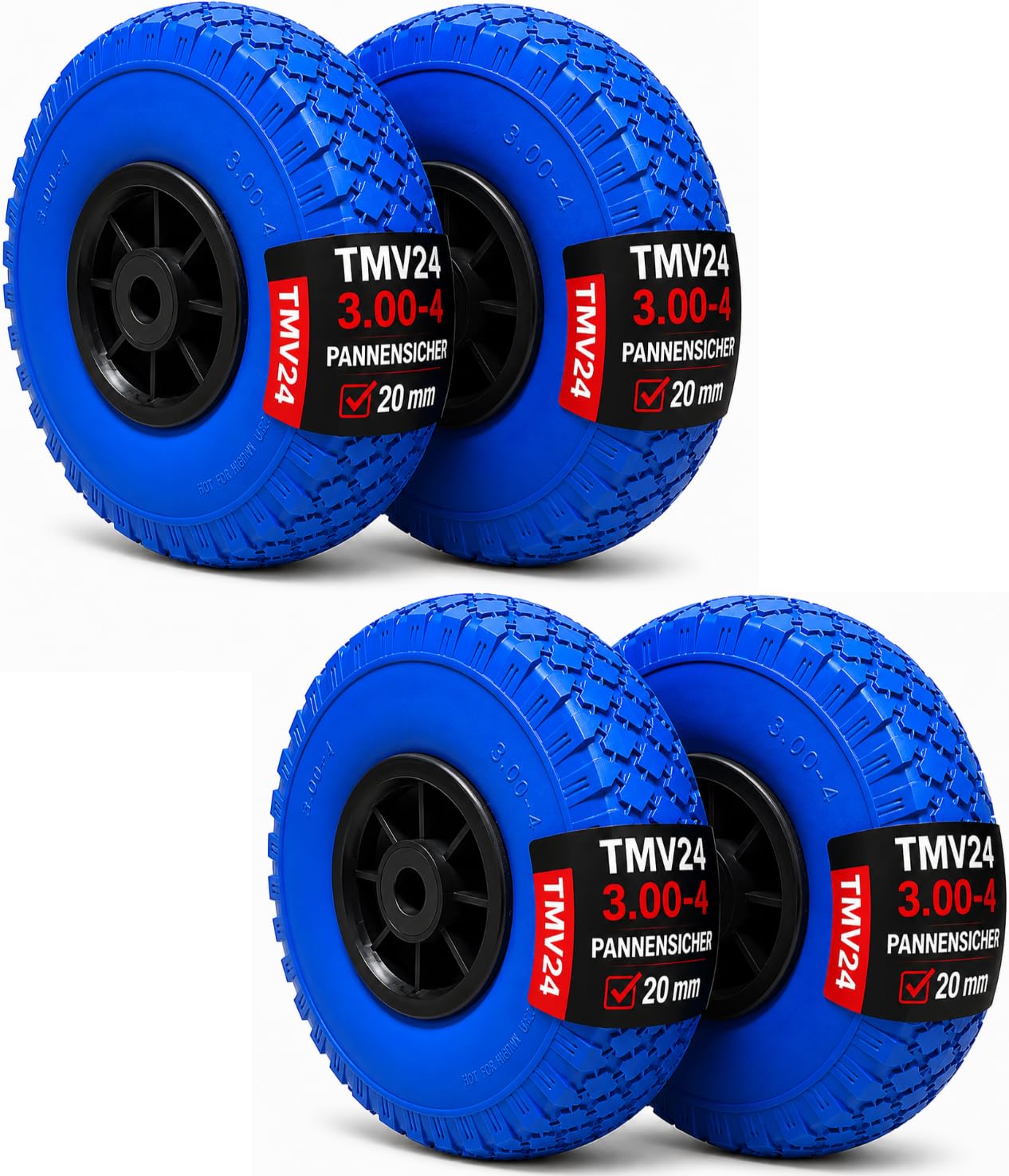 Sackkarrenrad 3.00-4 PU Pannensicher (4er Set) – Blaue Ersatzräder mit schwarzer Kunststofffelge – Vollgummi Reifen für Handwagen, Sackkarren & Bollerwagen – Unplattbar, blau/schwarz