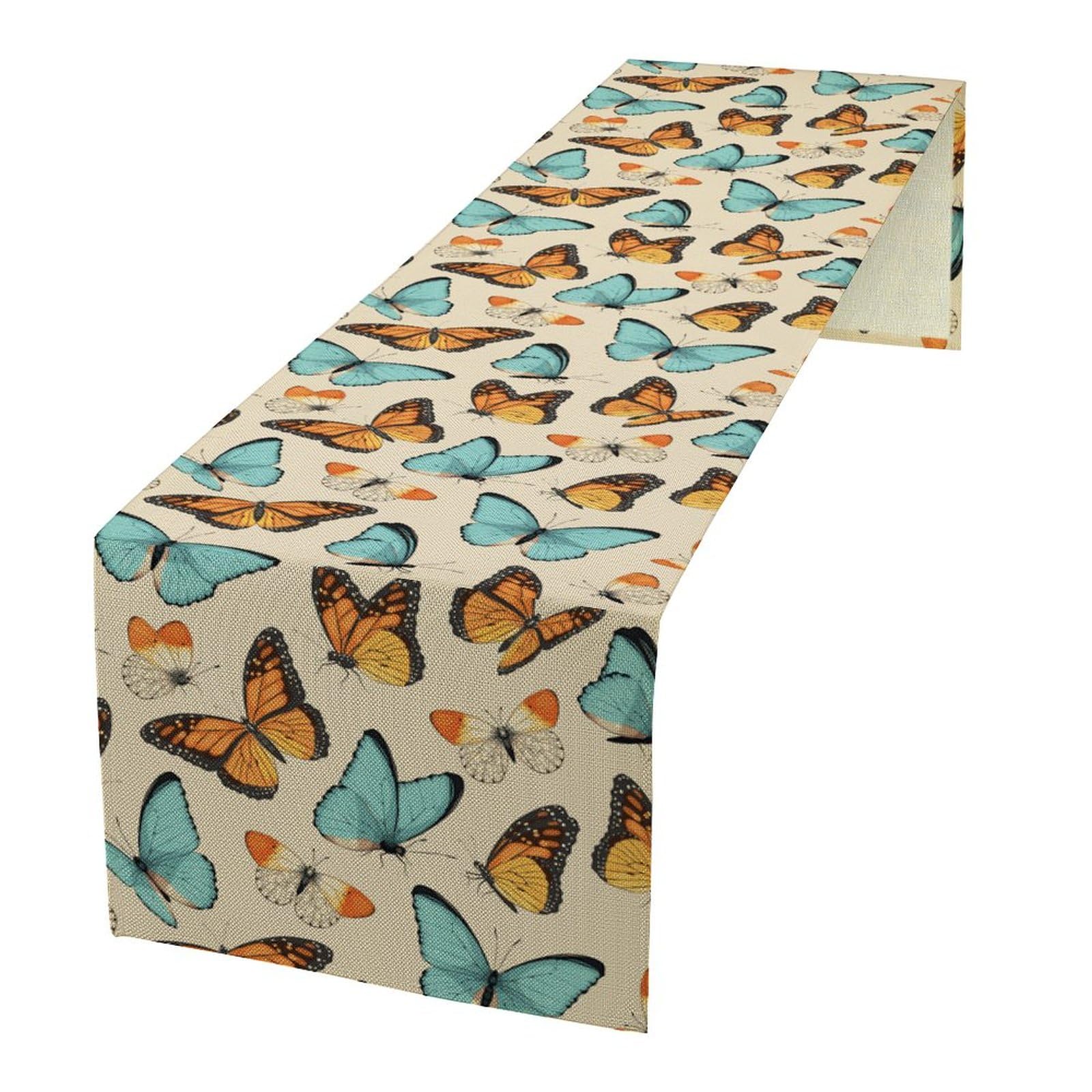 Butterfly Table Runner Blue and Orange Butterflies Pattern Table Runner Table Cloth Decoration Dresser Garden Farmhouse Wedding Party Vacation Dinner Home 13x108 inches