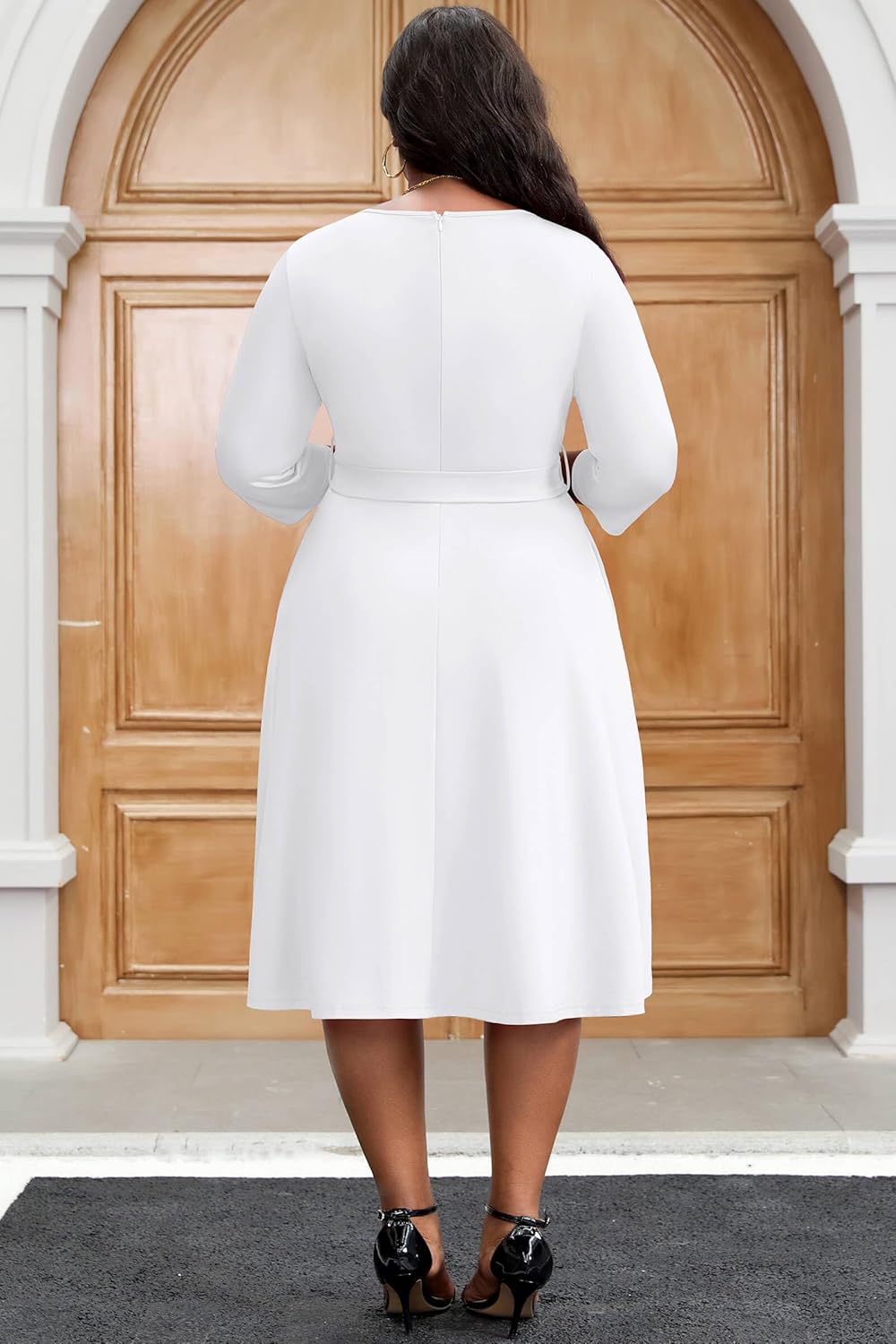 FANDEE Plus Size Midi Dresses for Women - A Line Church Dress V Neck 3/4 Sleeve Wedding Guest Cocktail with Pockets(XL-5XL) - Image 6