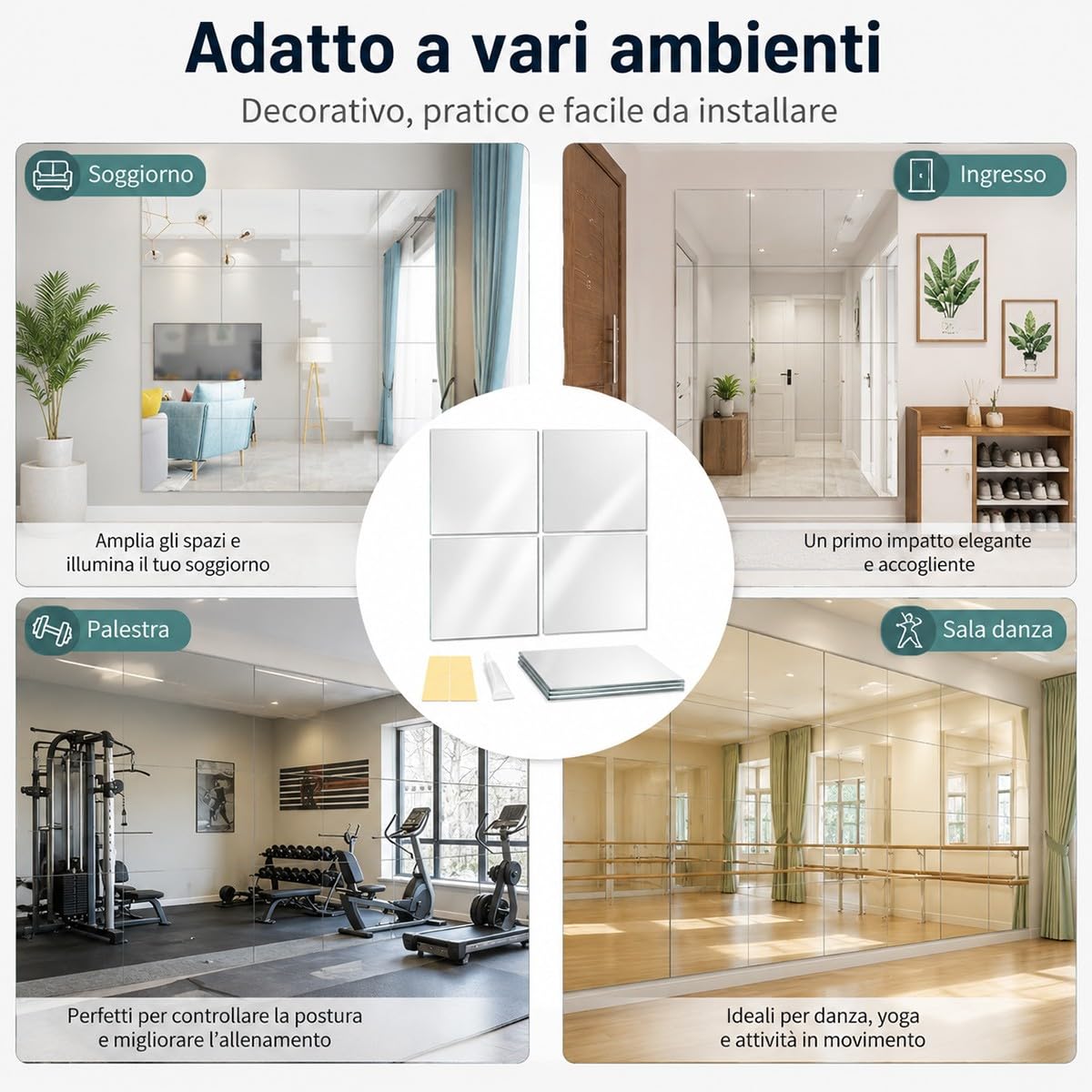 Specchio da Pavimento Grande a Figura Intera 4 Pezzi 30x30cm, Specchio Palestra Adesivo Anti-Rottura Ultraleggero Moderno per Casa, Palestra e Yoga