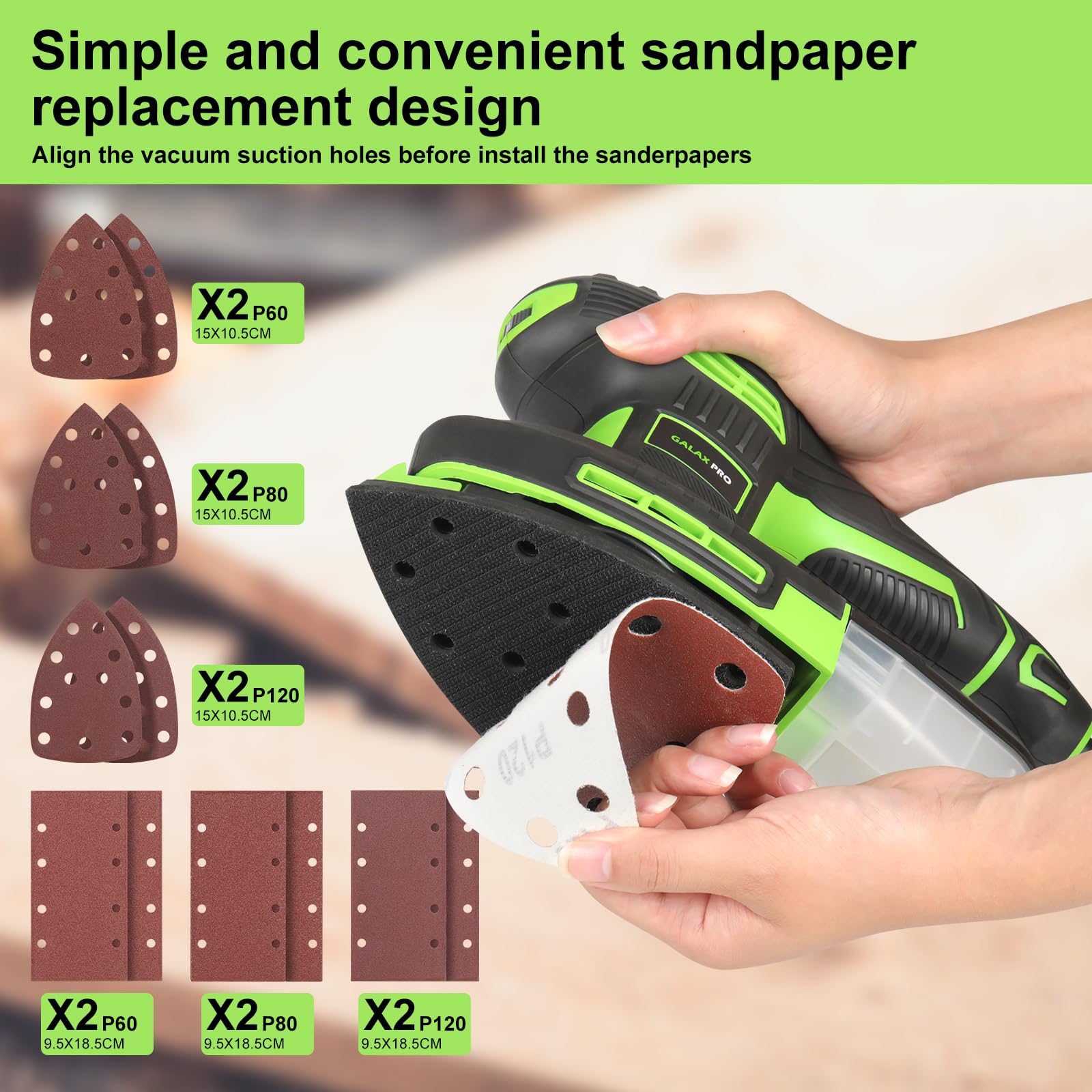 GALAX PRO Ponceuse à feuilles 2 en 1 250 W - 6000-12000 tr/min - 6 vitesses variables - Multifonction - Avec boîte à poussière - Ponceuse électrique pour ponçage du métal et du bois - Avec 12 papiers