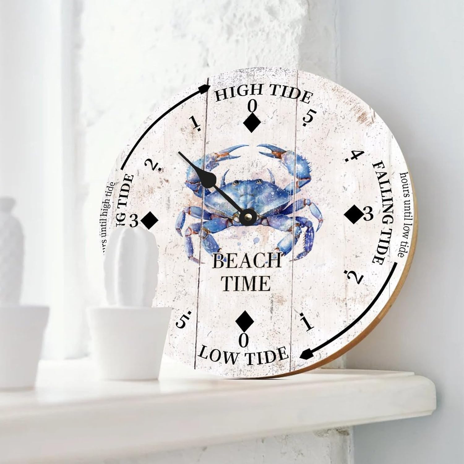 Vintage Beach Time Tide Clock Beach Time Ocean Crab Ocean Time Wooden Clock Wood Tidal Clock High and Low Tide Movement Clock for Beach Seaside House Cottage Hotel Camping 12 Inch
