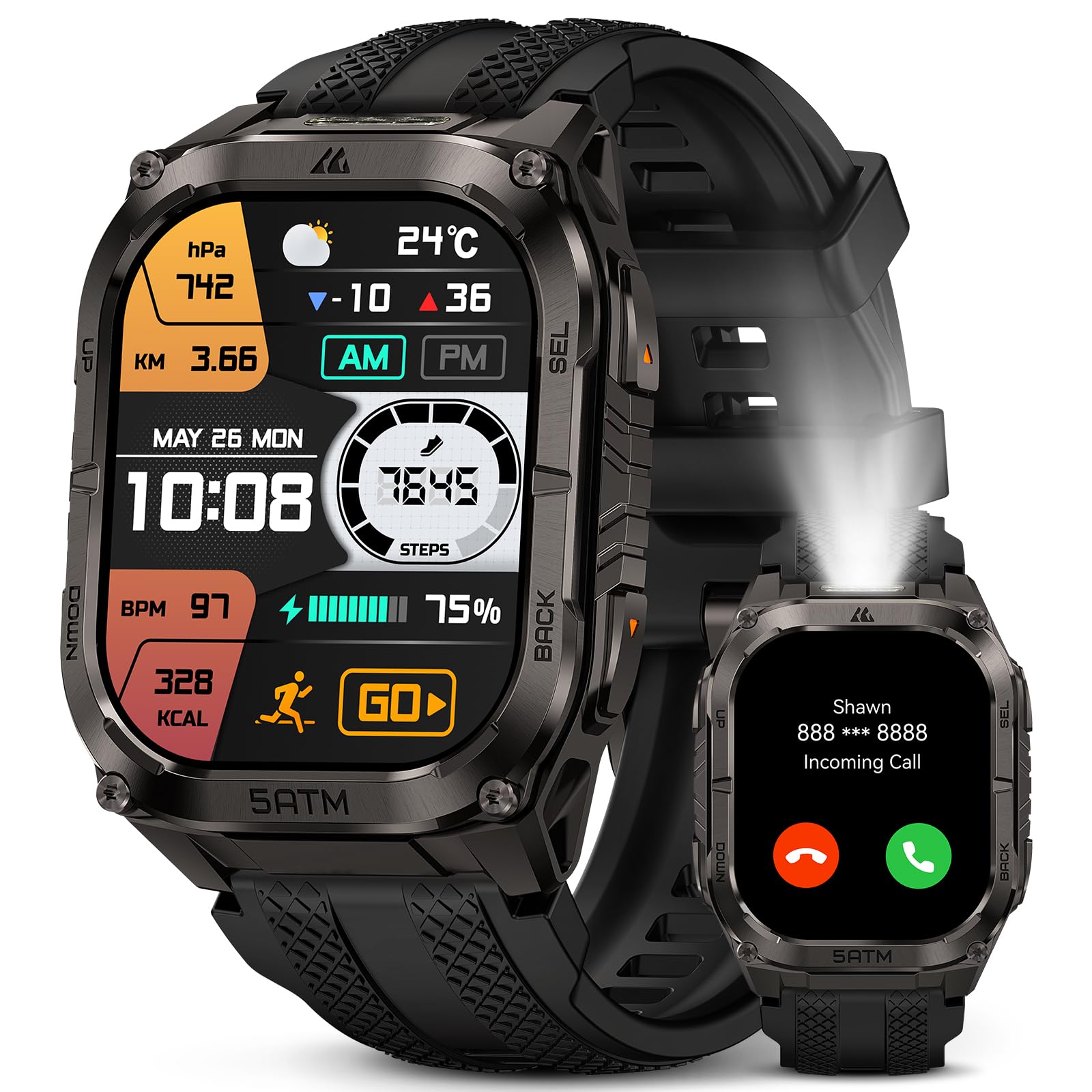 KOSPET Tank M4C Smartwatch Uomo con GPS, Autonomia 15 Giorni, 5ATM e IP69K | Rugged Militare AMOLED,Torcia LED, Monitoraggio salute e sonno 24/7, 170+ Modalità Sportive, Compatibile Android & iPhone