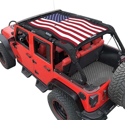 Shadeidea - Parasol compatible con Jeep Wrangler JK superior, JKU de 4 puertas delantera y trasera, (pantalla de malla negra, bandera no se