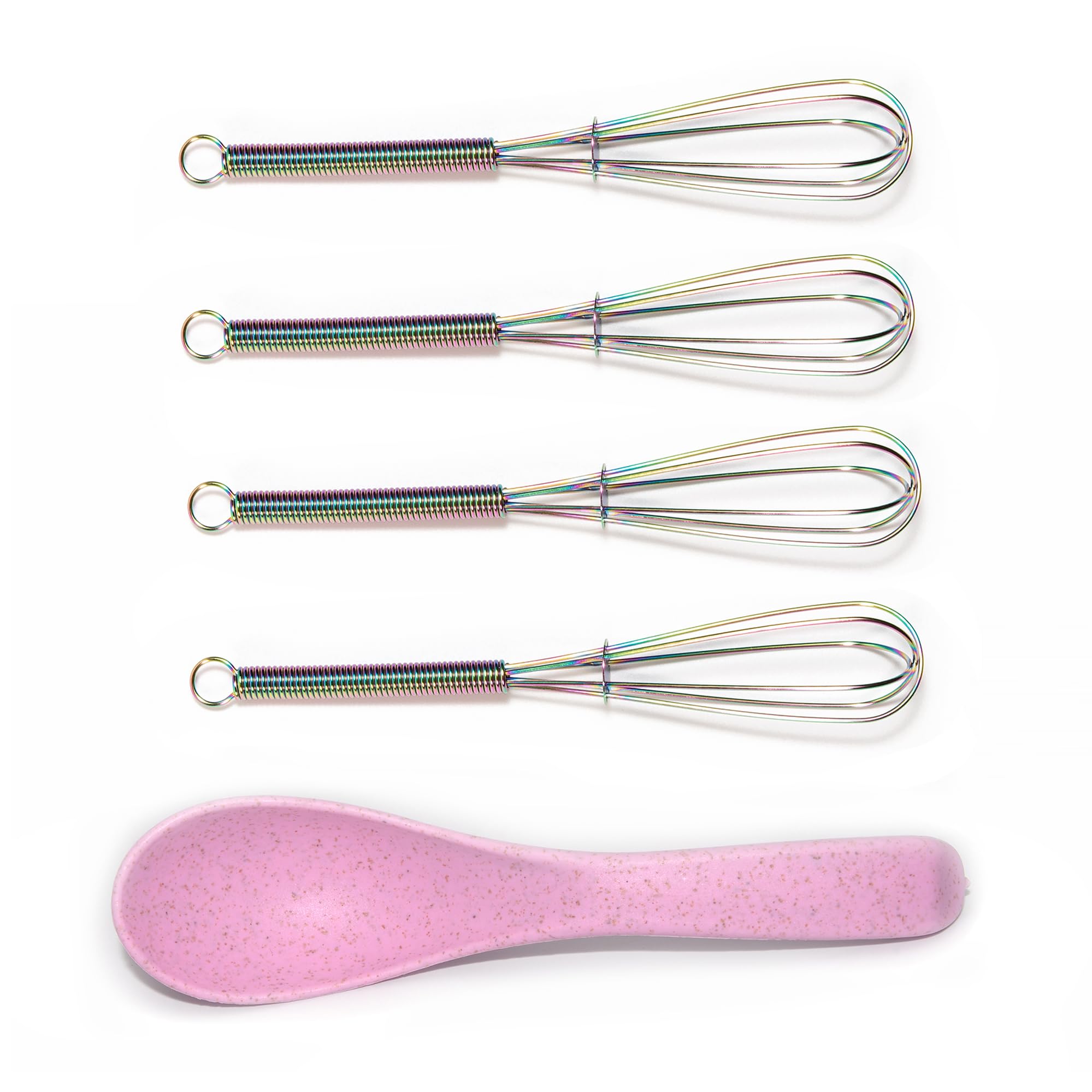 Mini Whisks 5 inch 4Pcs Color Stainless Whisk+spoon, Hand Egg Mixer for Flour Cake Egg, Kitchen Cooking Baking Use Whisk (color) (4, color, 5 inch)