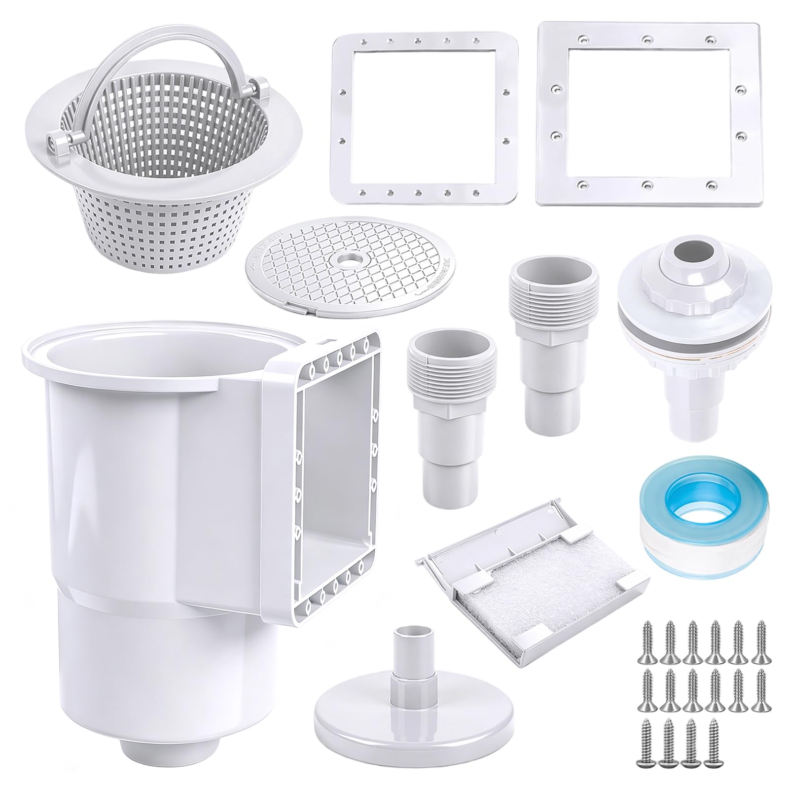 Kit skimmer encastrable 8 pièces pour piscines à paroi en acier, buse d'admission, grand panier skimmer, raccord de tuyau 32/38 mm, blanc, nettoyage et entretien de l'eau