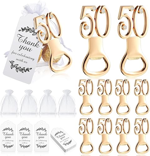 Baderke Juego de 50 abridores de botellas dorados para cumpleaños número 50, con etiquetas de agradecimiento, bolsas de organza para fiestas de 50
