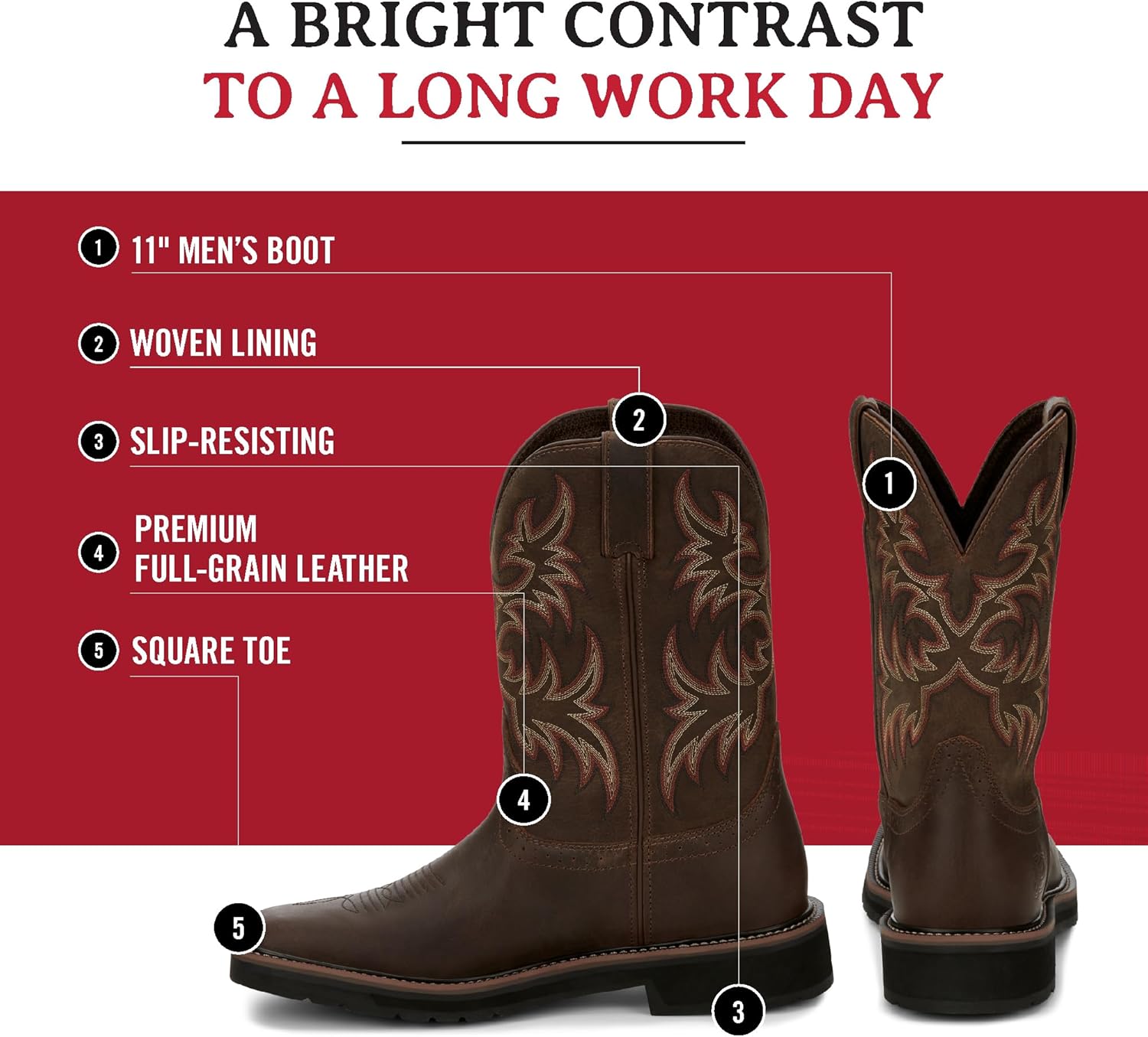 Justin Original Work Boots Men's Driller Pull-On Square Toe Work Boot - Image 3