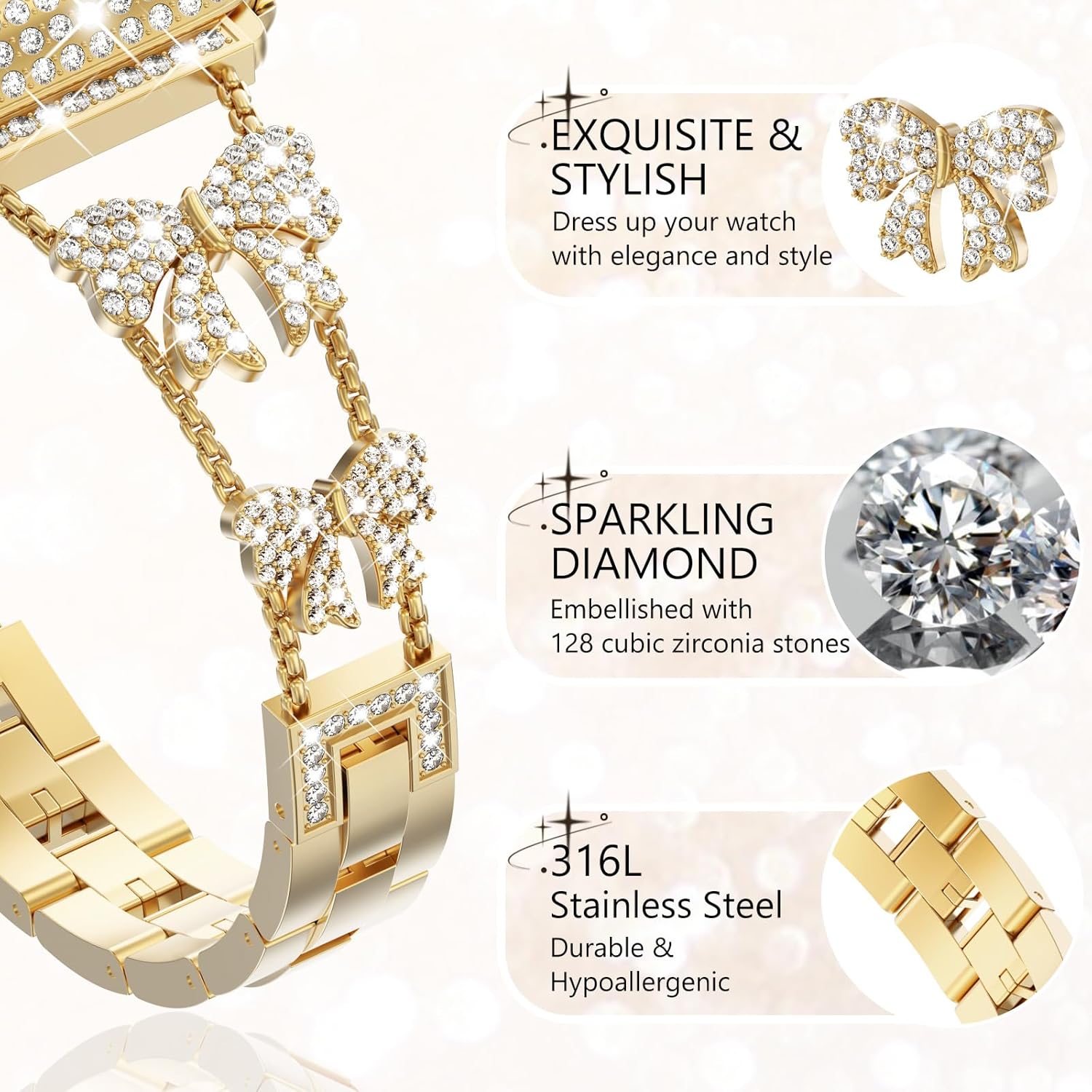 Surace Compatible with Apple Watch Bands for Women 40mm 41mm 44mm 45mm 42mm 46mm, Bow Jewelry Diamond Rhinestone Link Bracelet with 2 in 1 Waterproof Case for iWatch Series 11/10/9/8/7/6/5/4 SE3/2/1 - Image 3