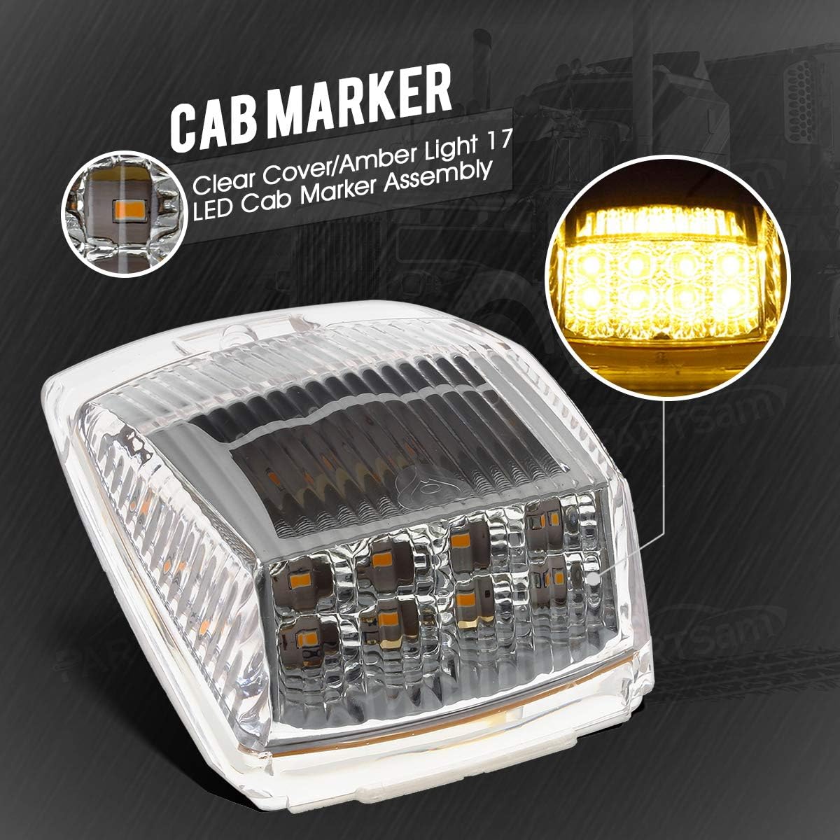 Partsam 5pcs 17 LED Clear Lens 5 * 3.75" Amber Cab Marker Top Roof Running Truck Cab Light Waterproof Top Reflective Lights Compatible with Peterbilt/Kenworth/Freightliner/Mack/