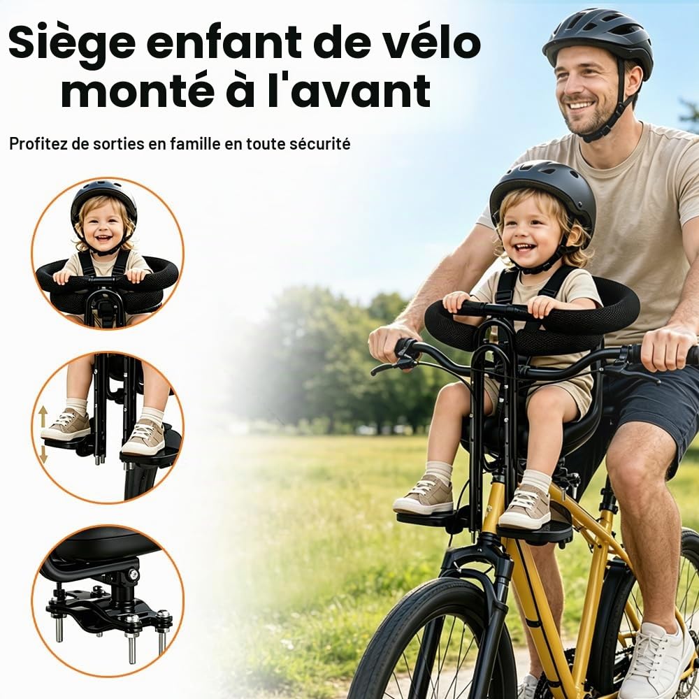 Siege Velo Enfant Avant, Confortable Siège De Vélo pour Enfant, Grille Protection Intégrale Réglable Siege Bebe Velo, Siège Bébé Avant VTT & Vélos Pliants, Noir