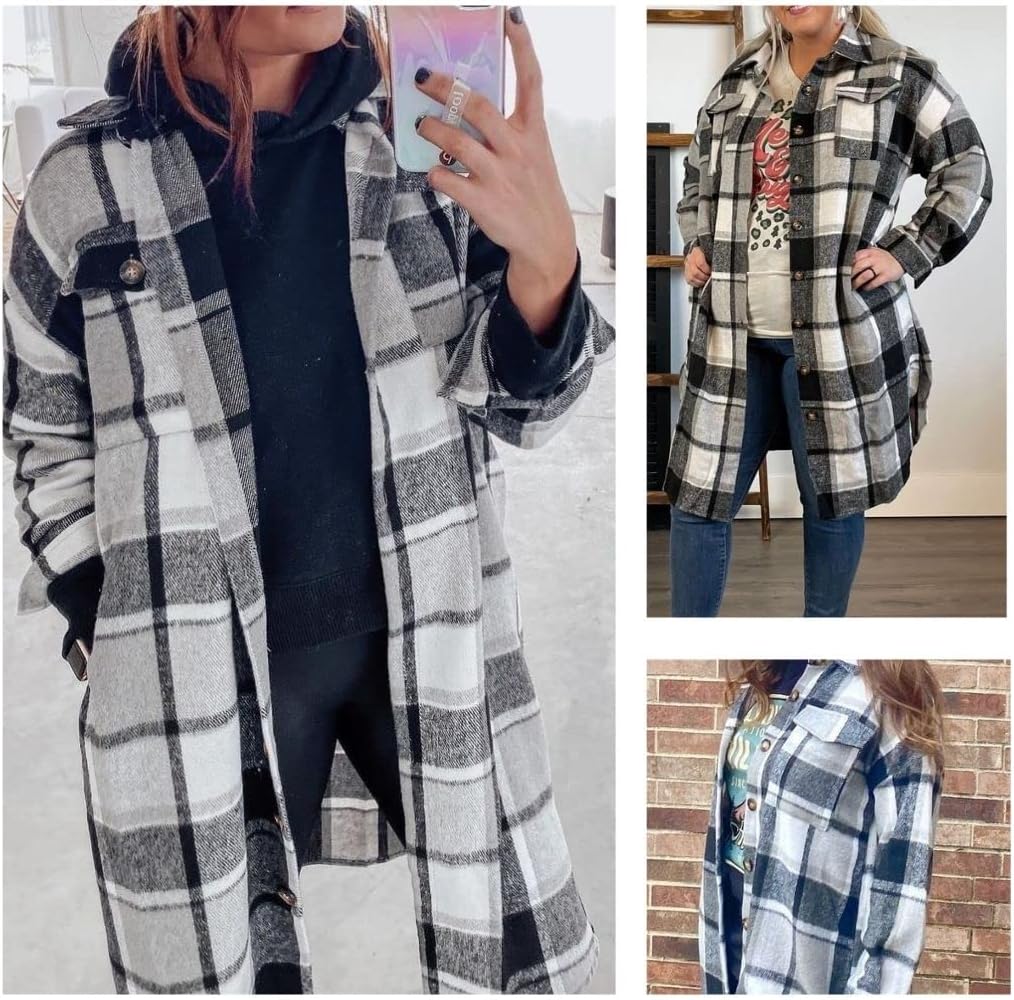 FindThy Women’s Long Plaid Shacket Wool Blend Button Down Shirt Jacket Coat with Pockets - Image 2
