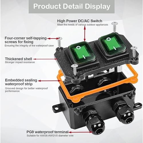 Miniatura 3 de Meskliu Interruptor de cable en línea impermeable, DPST DC 16A-24V, 20A-12V Interruptor de parada de arranque al aire libre, interruptor de palanca