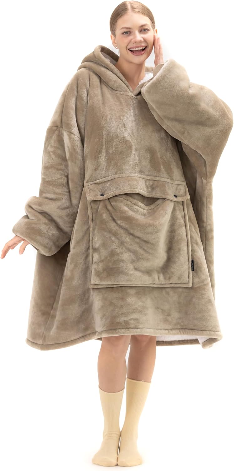 Wearable Blanket Hoodie, Oversized Sherpa Fleece Sweatshirt with Large Pocket, for Adults Women Men