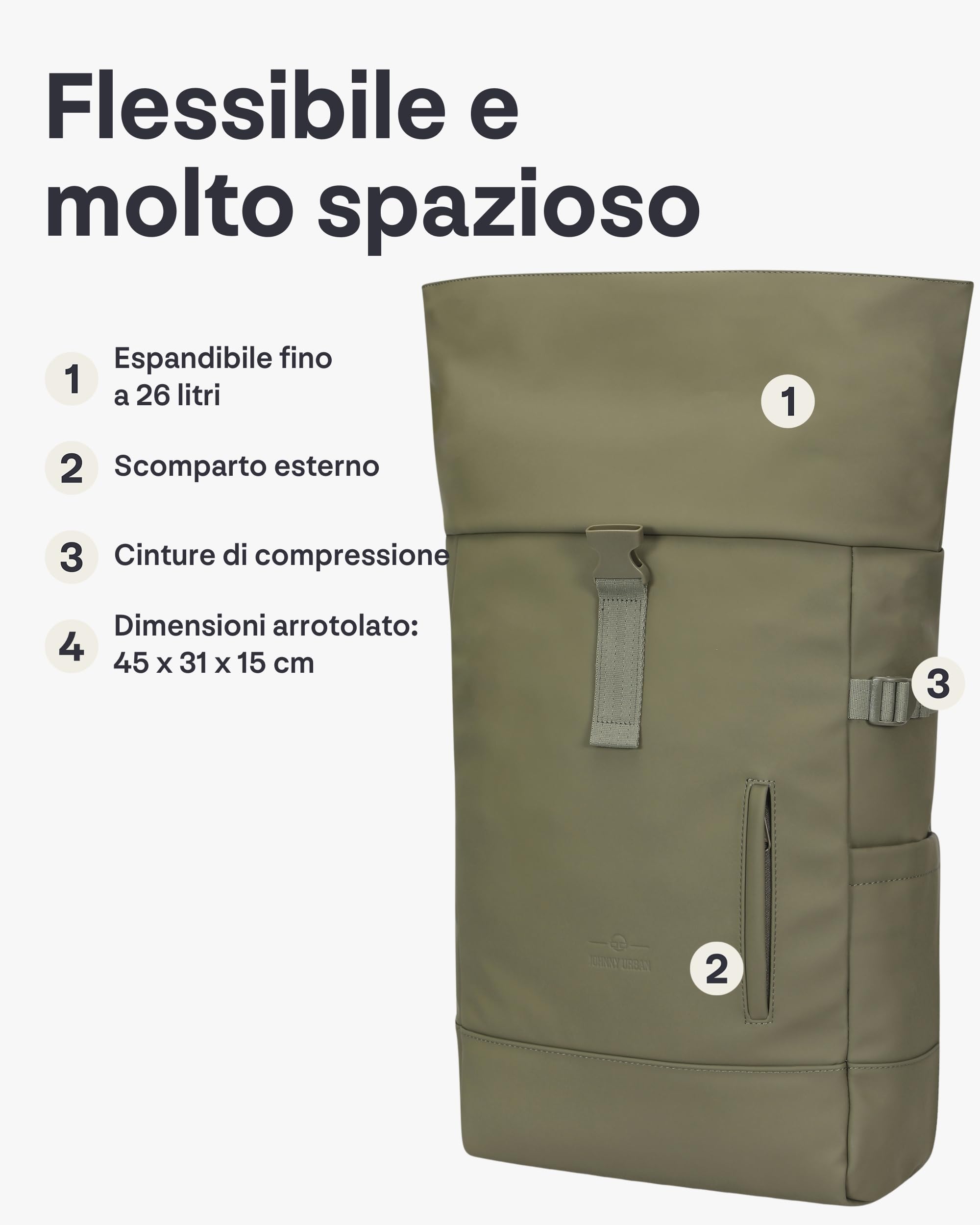 Johnny Urban Zaino Donna Uomo Verde - Harvey Large - Rolltop 21l per Lavoro Viaggi Università Tempo Libero Sport - Serie Sleek - Scomparto per Laptop fino a 16 Pollici