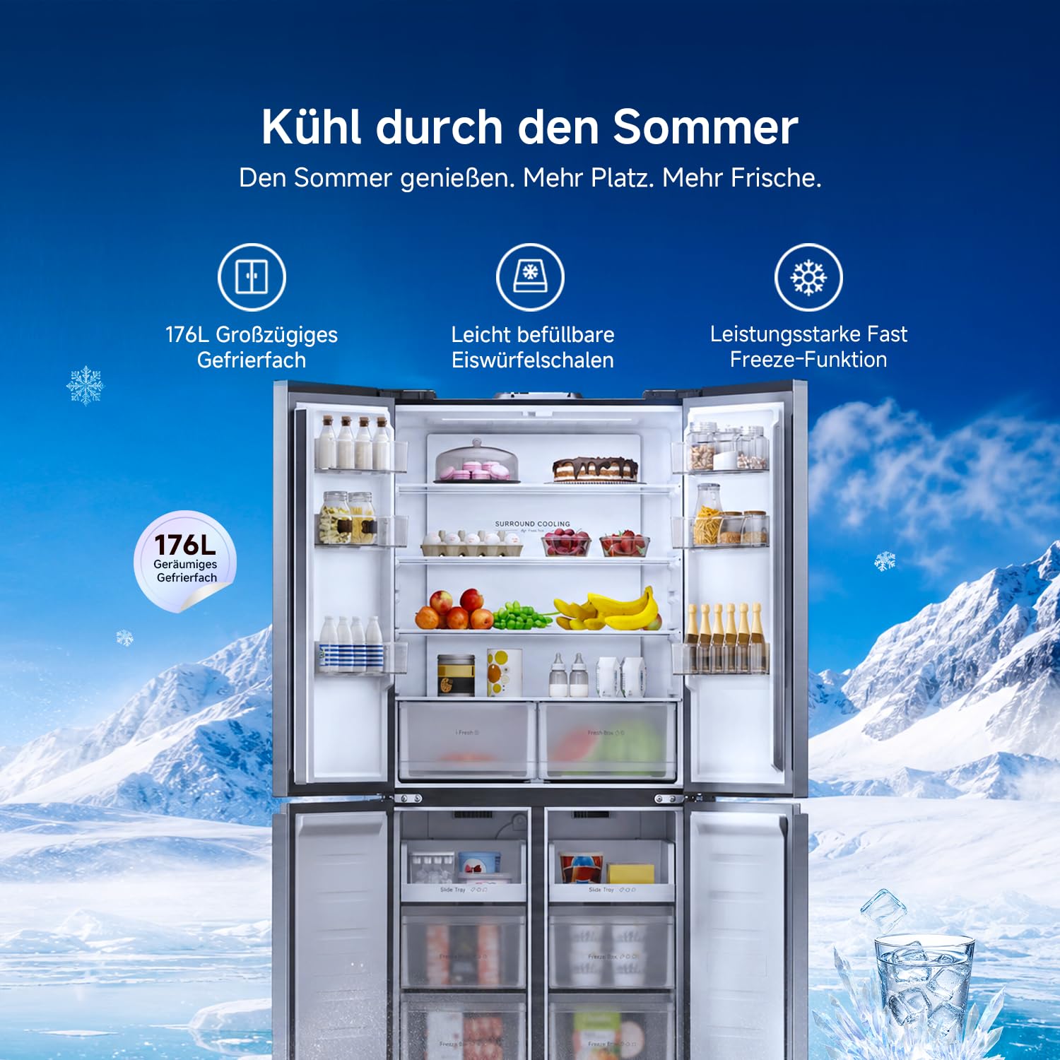 XIAOMI Mijia Cross Door Refrigerator 502L, No Frost, Ag⁺ Antibakteriell | i Fresh Konvertierbare Zone, Dual Inverter, Smart Control, Geräuscharm, Silber, W852×D600×H1912 mm