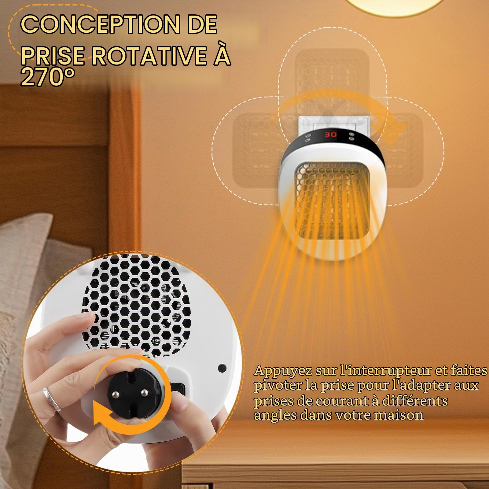 Mini Chauffe-air Électrique Socket, Fancysky 600W PTC Mini Heater, Chauffage Soufflant, Radiateur, Protection Contre Surchauffe, pour le Camping, la Chambre à Coucher, Appartement, Tentes, Voyages