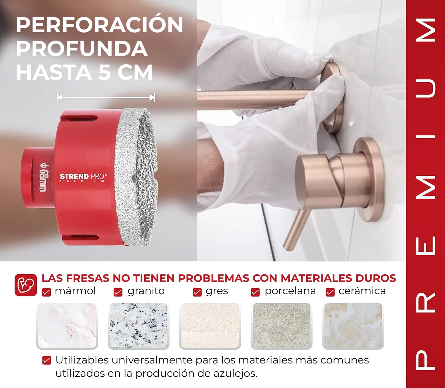 STREND PRO Set de Coronas Diamantadas para Azulejos, Vidrio y Gres | 20-35-45-55-68 mm | Rosca M14 para Amoladora Angular | Maletín de Aluminio | Cerámica, Granito y Piedra | Corte Rápido