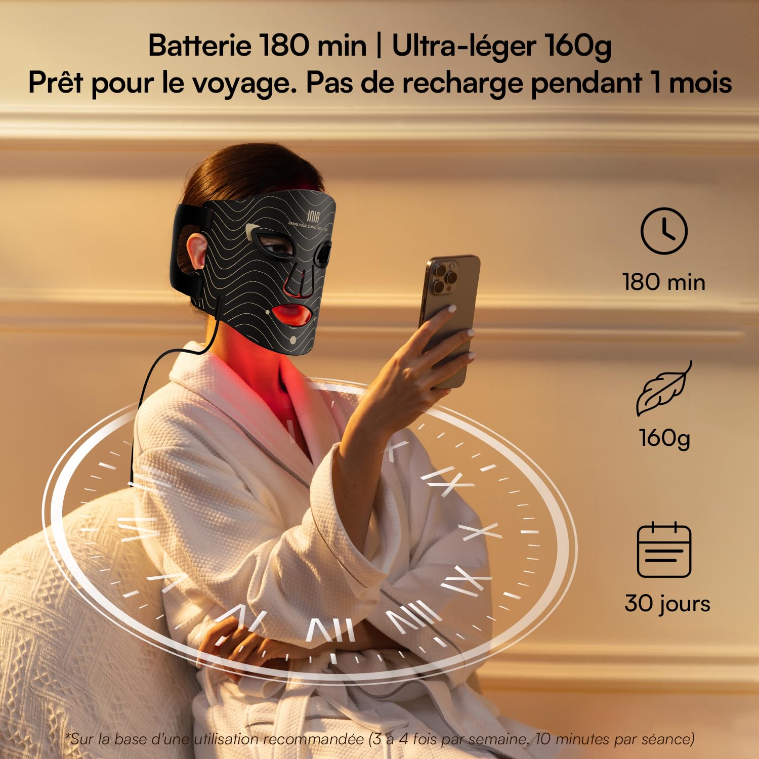 INIA GLOW Masque LED Visage, Lumière Rouge & Bleue, 3 Modes, 220 LEDs | Résultats visibles, Batterie rechargeable, Minuterie 10 à 30 min, Arrêt automatique, Soin quotidien en toute simplicité