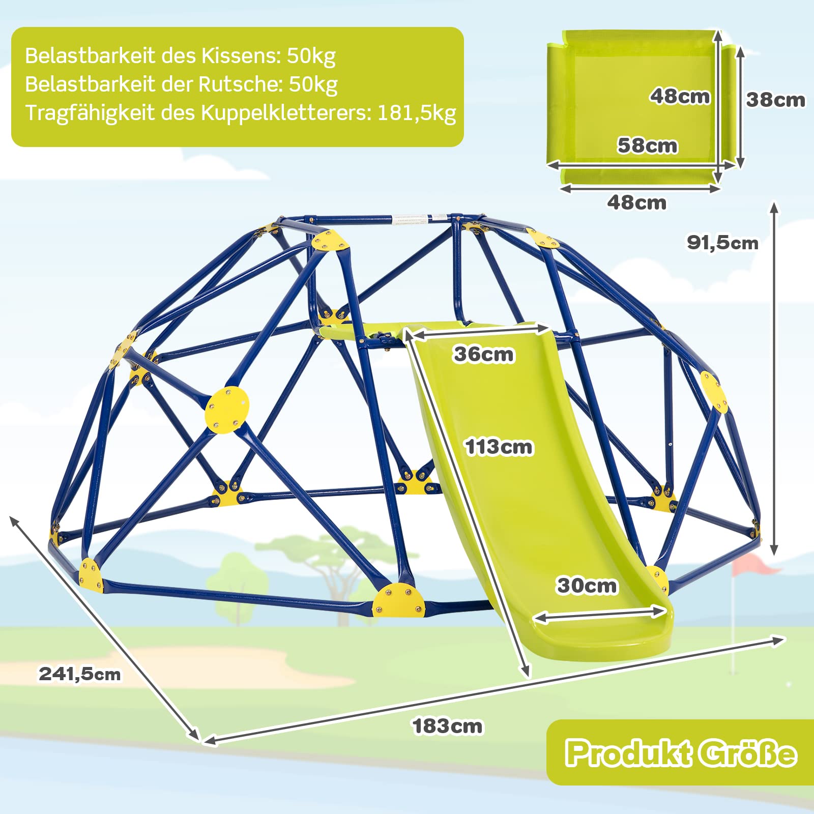 COSTWAY Kletterkuppel und Spielset, Geometrische Kuppel mit Rutsche, 180 KG Tragfähigkeit, Spielplatz für Kinder von 3 bis 10 Jahren, Ideal für Fitnessstudio, Hinterhof, Garten, Park