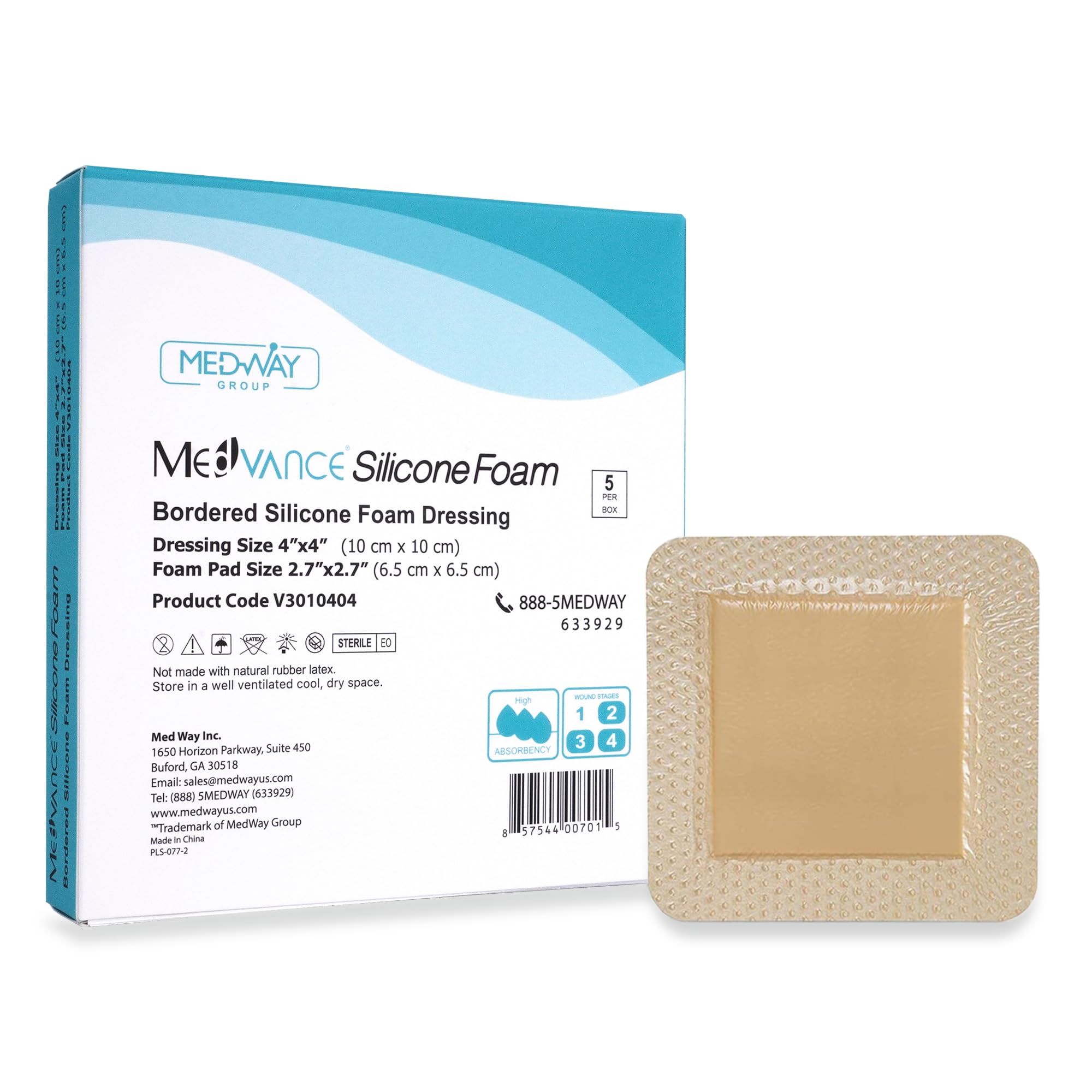MedVance TM Silicone - Bordered Silicone Adhesive Foam Dressing Size 4"x4" (2.7"x2.7" pad), Box of 5 dressings