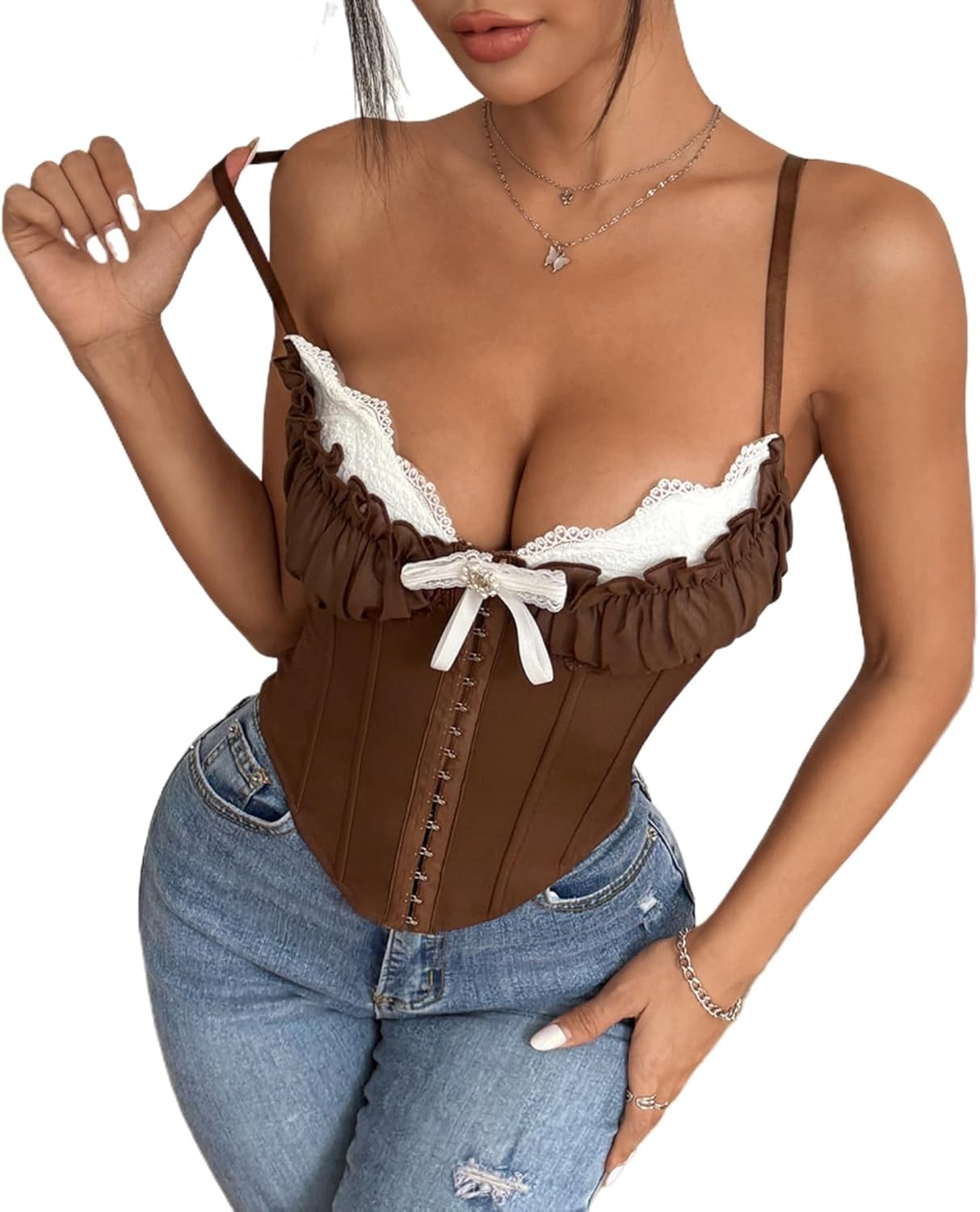 Women Ruffled Lace Trim Bow Sexy V Neck Corset Tops Adjustable Straps Bustier Bodyshaper Crop Top