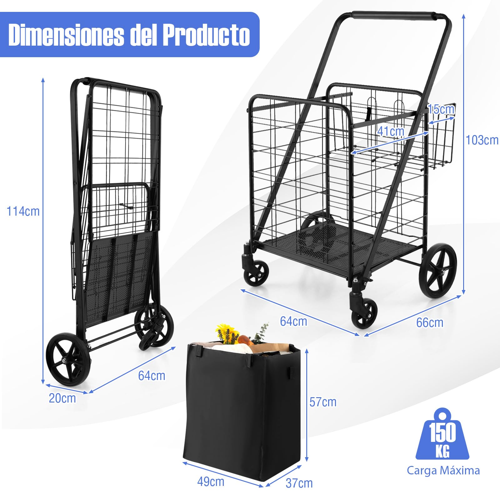 GYMAX Carro de la Compra Plegable de 126l, Carro de Supermercado con 4 Ruedas, 2 Cestas, Bolsa Oxford Impermeable Extraíble, Carga Máxima 150kg, Ideal para IR de Compras (Negro)