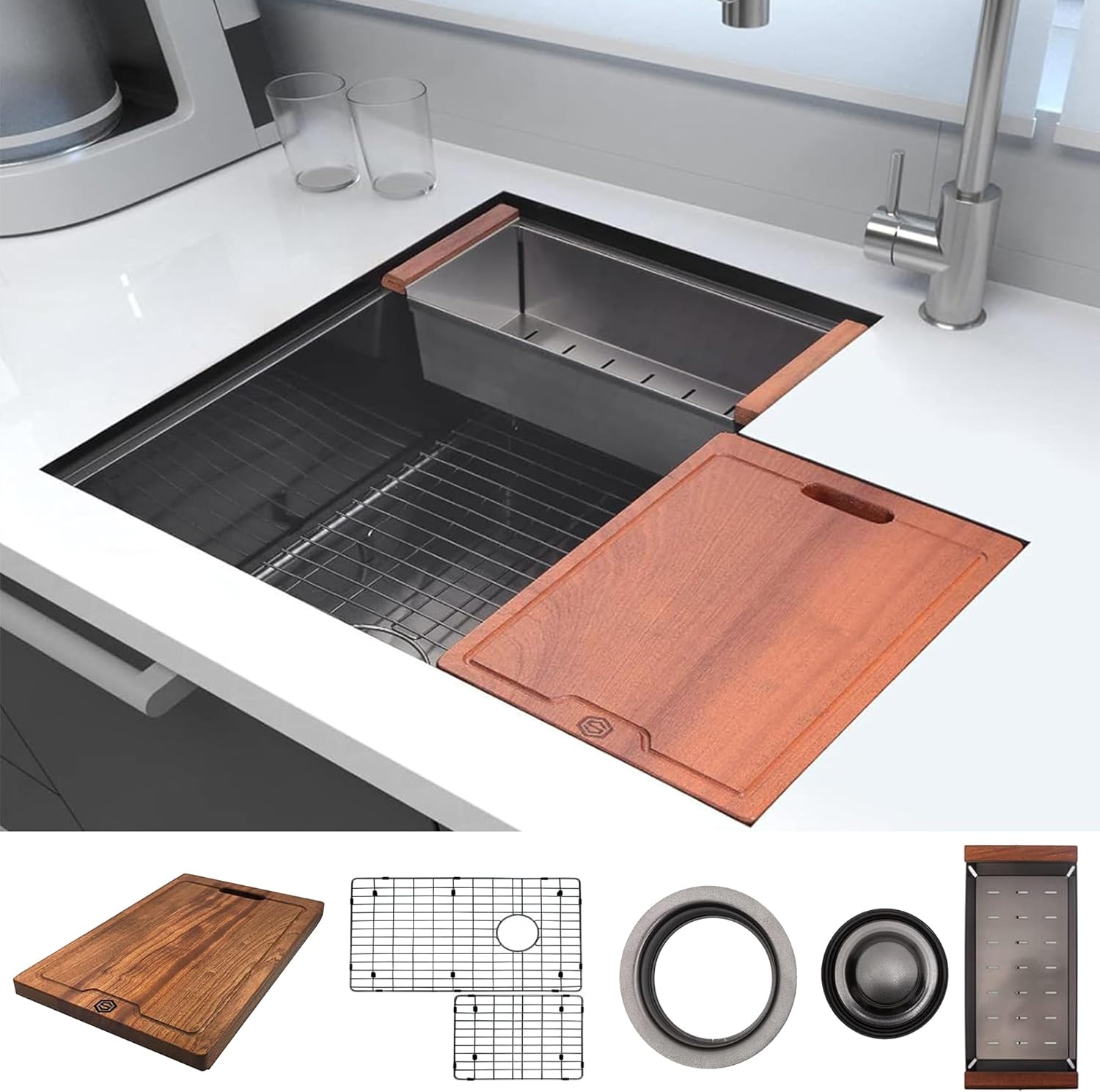 Strictly Sinks 30 Inch Corner Kitchen Sink Undermount - 16 Gauge Stainless Steel Sink Undermount, Scratch & Stain Resistant Corner Single Bowl Workstation Sink with Accessories (Black)