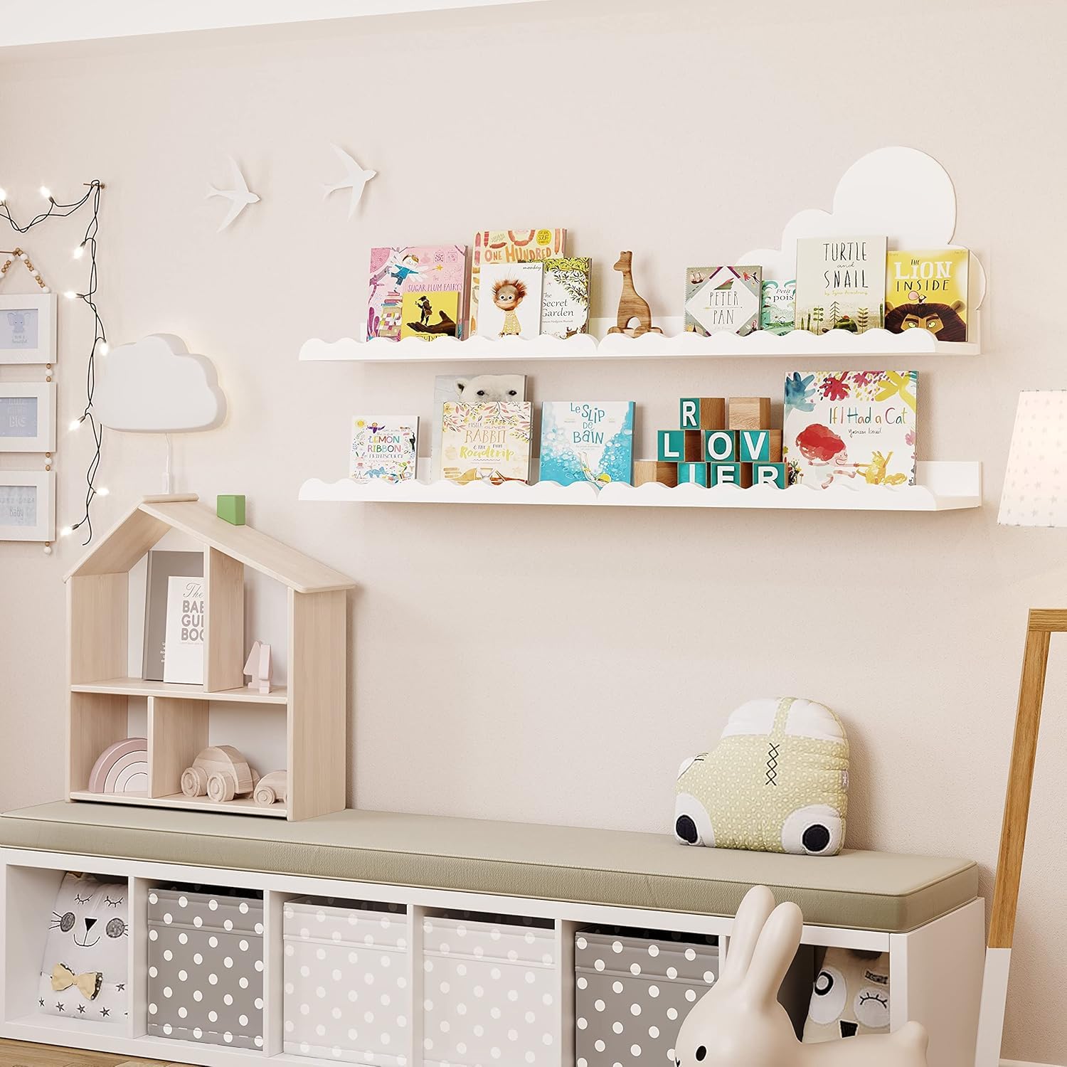 Wandregal Kinderzimmer, 60cm, Massivholz, für Bücher, Spielzeug, Dekoration, Wand-Bücherregal, Hängeregal, Weiß, 4er-Set