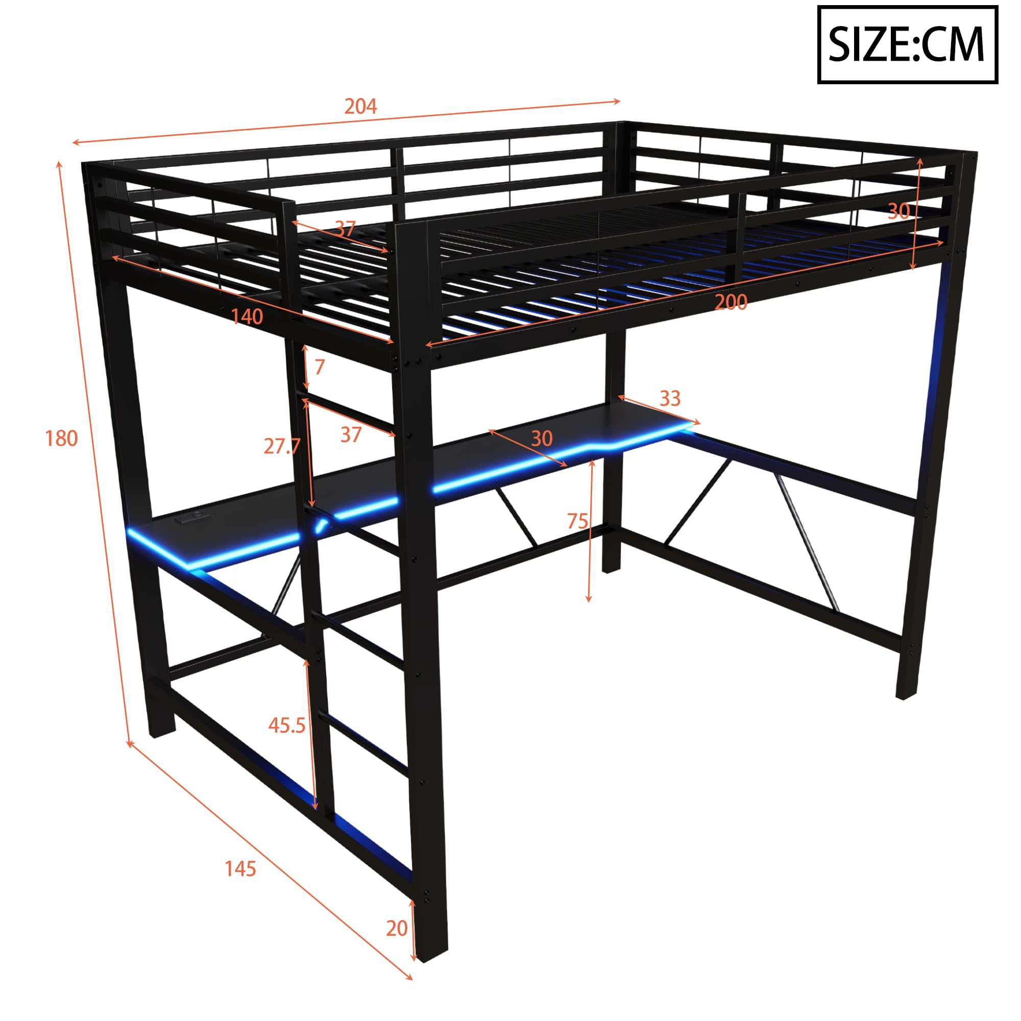 Letto a castello da gaming in metallo 140x200cm con striscia LED .Letto a soppalco con stazione di ricarica USB e scrivania,letto matrimoniale nero(Senza Materasso)