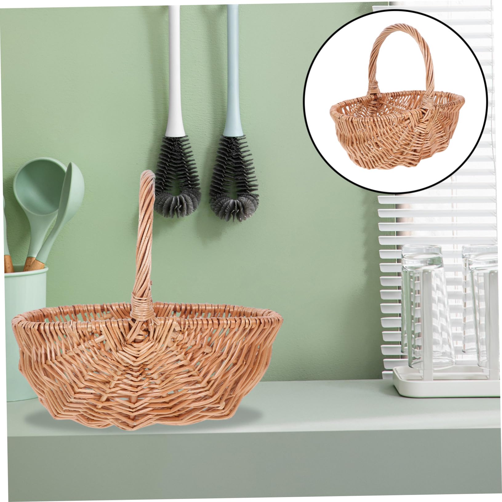 GALPADA Cesta de Picnic de Mimbre Tejida a Mano Pequeña 27 Cm para Frutas Verduras y Huevos Portátil Ligera para Camping y Picnic al Aire Libre
