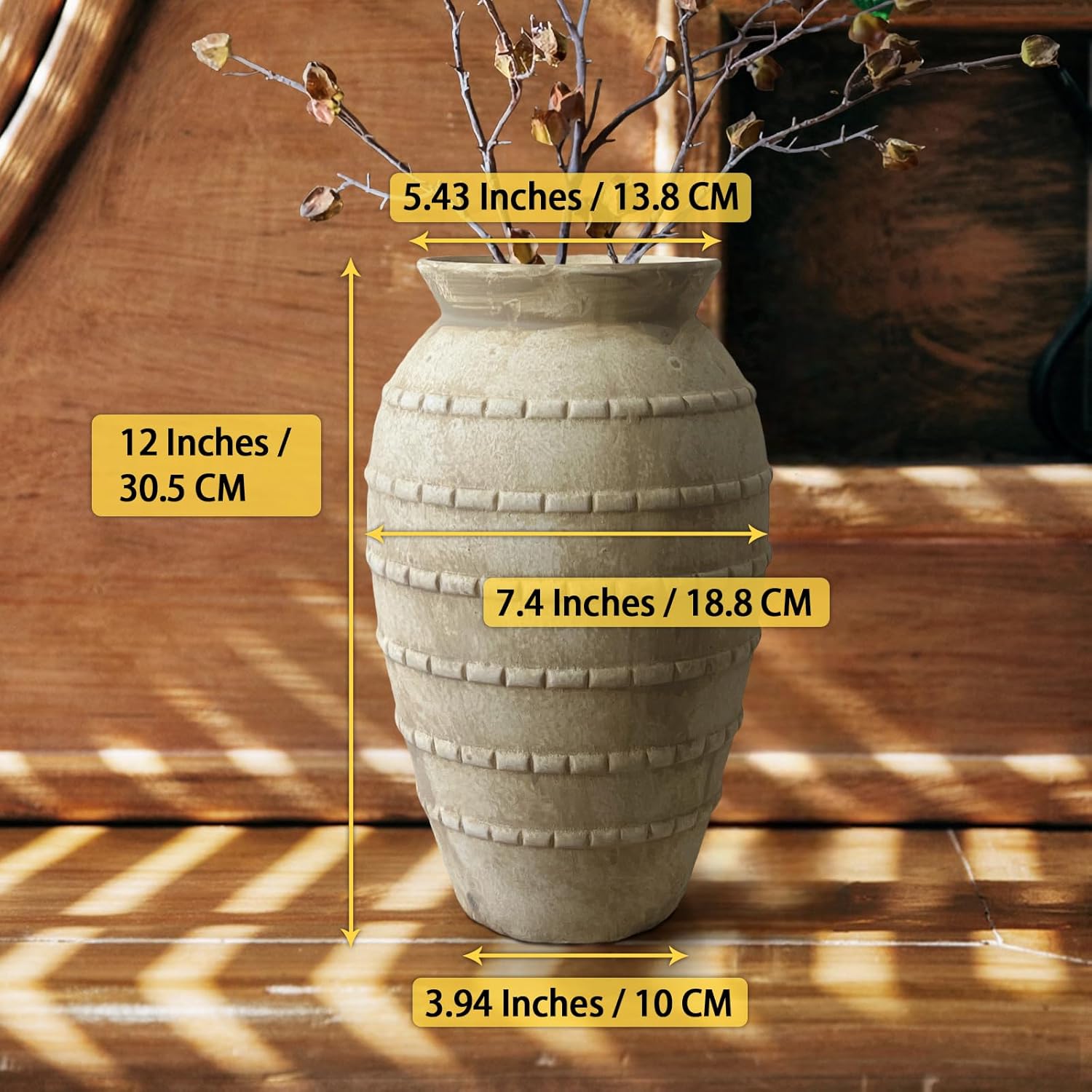 Ceramic Rustic Farmhouse Vase, 12 Inch Flower Vases for Table Decoration, Rustic Pottery Vase for Living Room, Shelf & Bedroom Decor, Vintage Ceramic Vases for Wedding, Beige