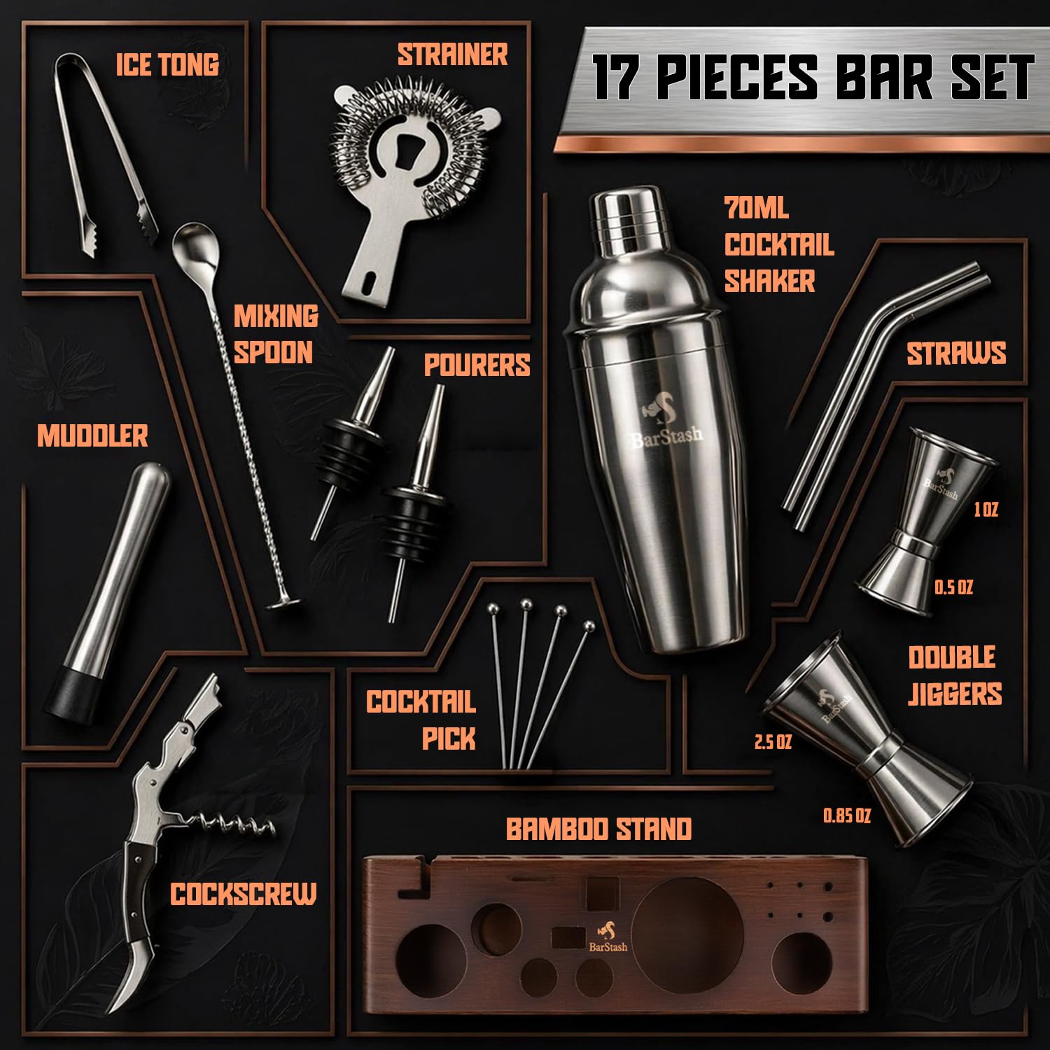 Premium Bartender Kit: set di 17 attrezzi con supporto in bambù, set perfetto per cocktail da bar, bicchieri con cannucce in acciaio inox per una grande esperienza di miscelazione delle