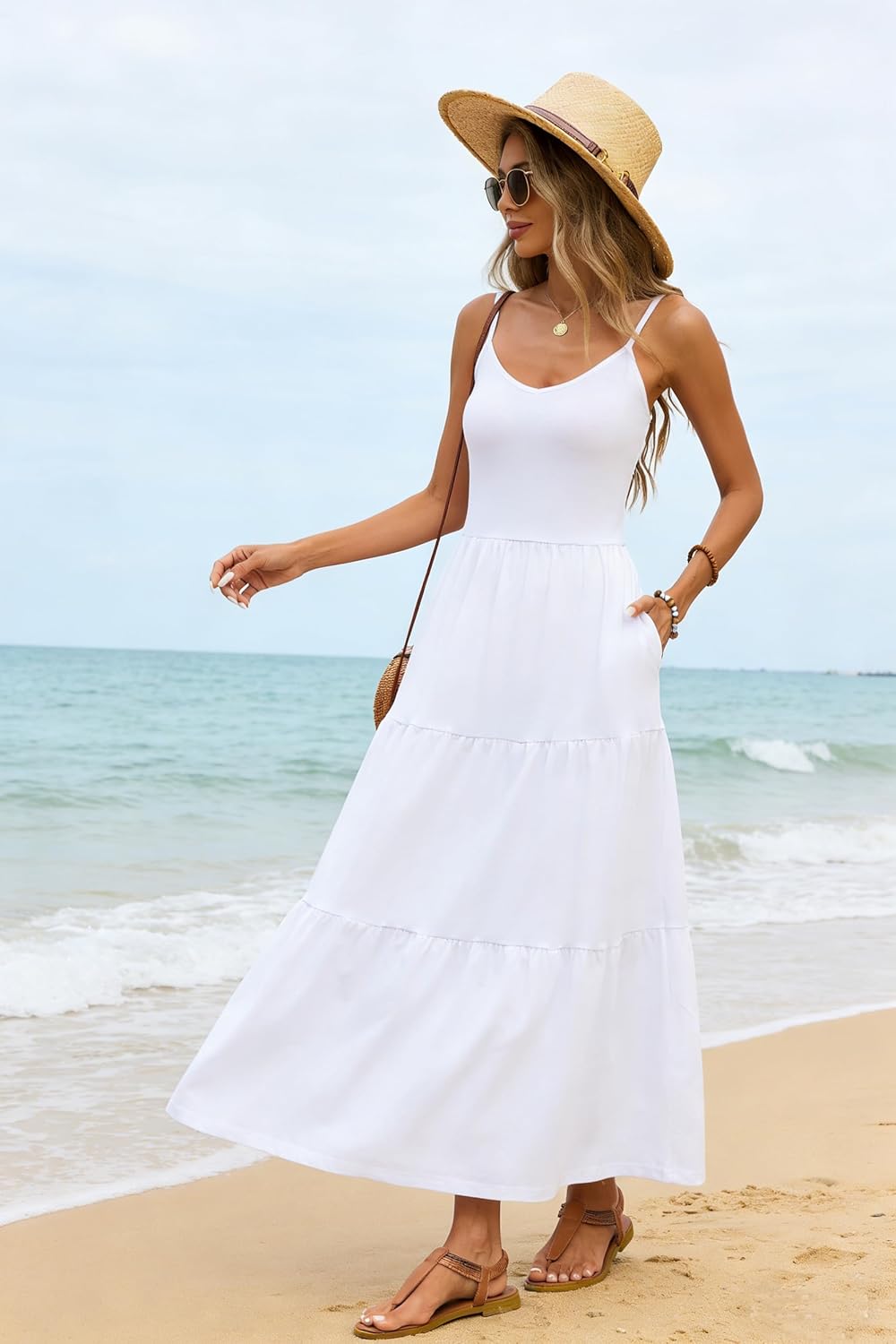 Halife Womens Flowy Tiered Maxi Dress Sleeveless Summer Sundresses Adjustable Straps Long Beach Sun Dresses with Pockets